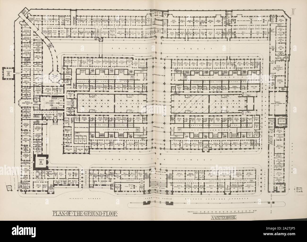 Plan du rez-de-chaussée, Plan du rez-de-chaussée de la Cour royale de Justice de Londres après Alfred Waterhouse, Taf. II, après p. 24, Alfred Waterhouse : description générale de la conception : les tribunaux de la justice de la concurrence. Londres : imprimé par George E. Eyre et William Spottiswoode : Her Majesty's Stationery Office, 1867 Banque D'Images