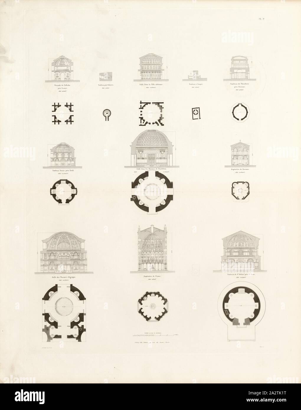 Les structures avec plan octogonal et circulaire 2, Tombeau près de Volterra, tombeau à Pompéi, Salle des Thermes d'Agrippa, Salle dans la villa Adrienne, Salle des Thermes de Dioclétien, tombeau de sainte Hélène, près de Rome, Baptistère de Ravennes, tombeau de Théodoric, près de, Ravennes, Tombeau Tossia, près de Tivoli, Baptistère de Parme, Rotonde de Palladio, près de Vicence, signé : E. Isabelle mens., & del, Hibon sc, A. Lévy fils Editeur, Pl. 2, p. 32, Isabell, Charles Édouard (mens et del.) ; Hibon, Auguste (sc.) ; Lévy, un fils (éd.), Charles Édouard Isabelle : parallèle des salles rondes de l Banque D'Images