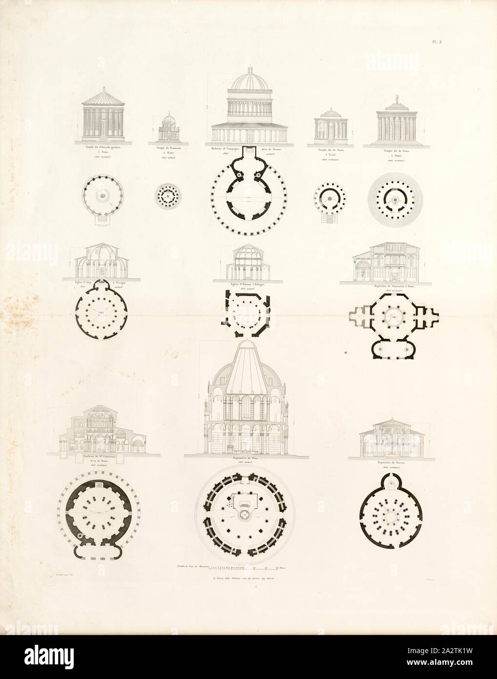 Les structures avec plan octogonal et circulaire 3, Temple de Hercule Gardien, à Rome, Temple de Vesta, à Tivoli, Temple de Vesta, à Rome, chapelle dite temple de Bramante, à Rome, l'église de la Madona de Campagna, près de Rome, baptistère, de Constantin, à Rome, tombeau de sainte Constance, près de Rome, Baptistère de Nocera, Église de Saint-Etienne, à Bologne, Baptistère de Pise, Église Saint-Ange, à Pérouse, signé : E. Isabelle mens., & del, Hibon sc, A. Lévy fils Editeur, Pl. 3, p. 32, Isabell, Charles Édouard (mens et del.) ; Hibon, Auguste (sc.) ; Lévy, un fils (éd.), Charles Édouard Isabelle Banque D'Images