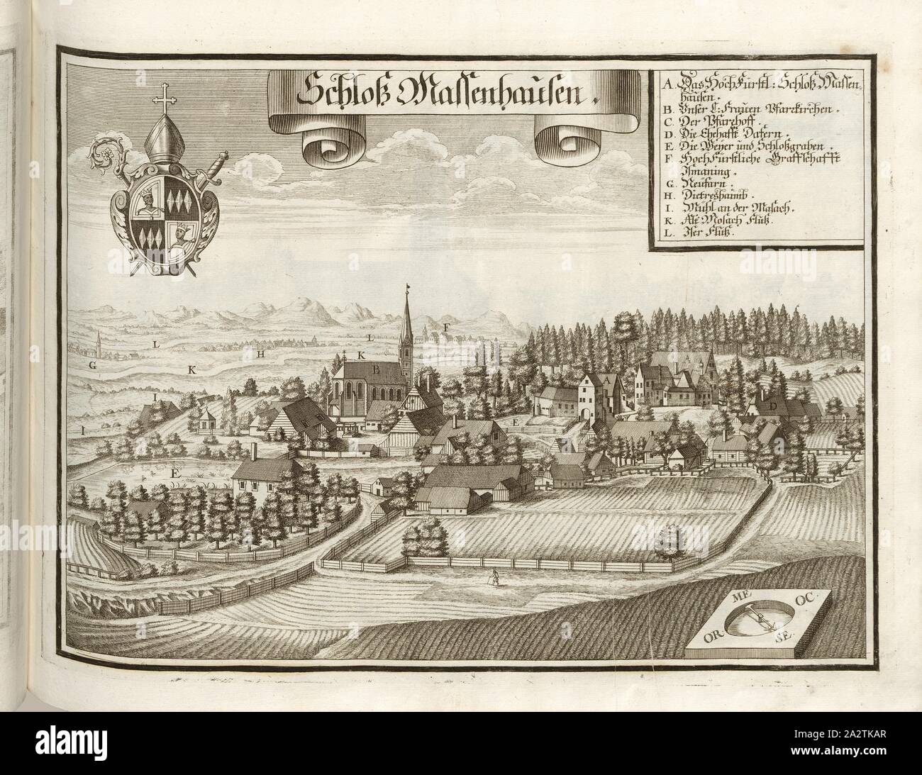 Schloss Massenhausen, Massenhausen près de Neufahrn en Bavière, fig. 66, p. 38, Wening, Michael (del. et sc.), 1701, Michael Wening : historico-topographica 1637-1710). Das ist : Beschreibung, dess Churfürsten- und Hertzogthumbs Bayrn Nidern Ober- und vier, welches dans Rennt-Aembter Theil oder als, Oberlands Burgkhausen Underlands, München und aber dans Landshuet abgetheilt unnd Straubing ist [...]. Thail 1. München : bey Johann Lucas Straub, gem : lobl. Landtschafft Buchtruckern, anno M.DCCI. [1701 Banque D'Images