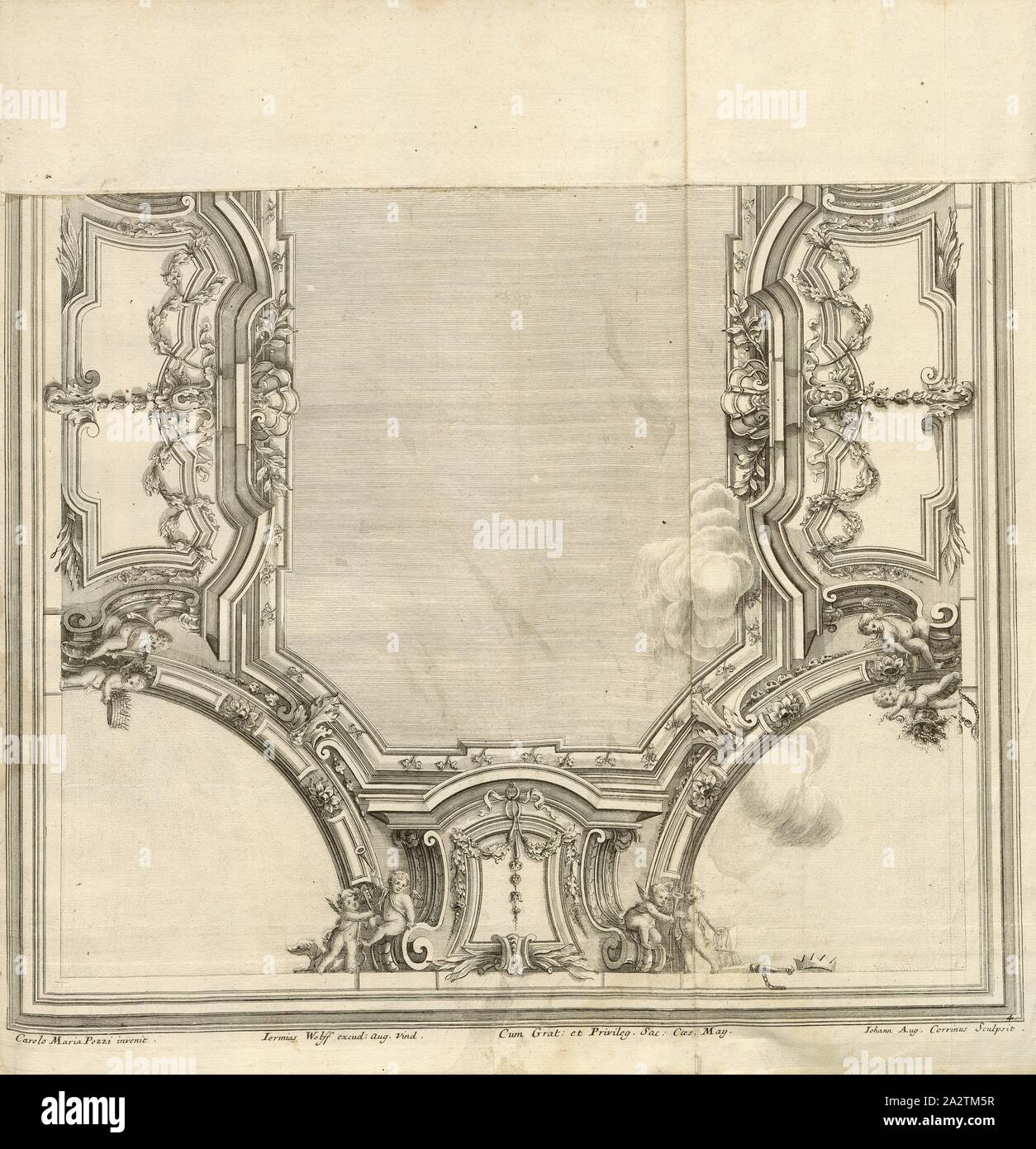 4 ornement ornement en stuc, de 'sculptoriae stuccatoriae Artis, vulgo' paradigmata, signé : Nolia Maria Pozzi invenit ; Jérémie Wolff excudit sculpsit Corvinus août ; John, fig. 5, Pozzi, Carlo Maria (inv.) ; Corvinus, Johann August (exc.) ; Wolf, Jeremias (sc.), 1708, M. Carlo Pozzi : Artis sculptoriae stuccatoriae paradigmata, vulgo. Augsburg : Wolff, 1708 Banque D'Images