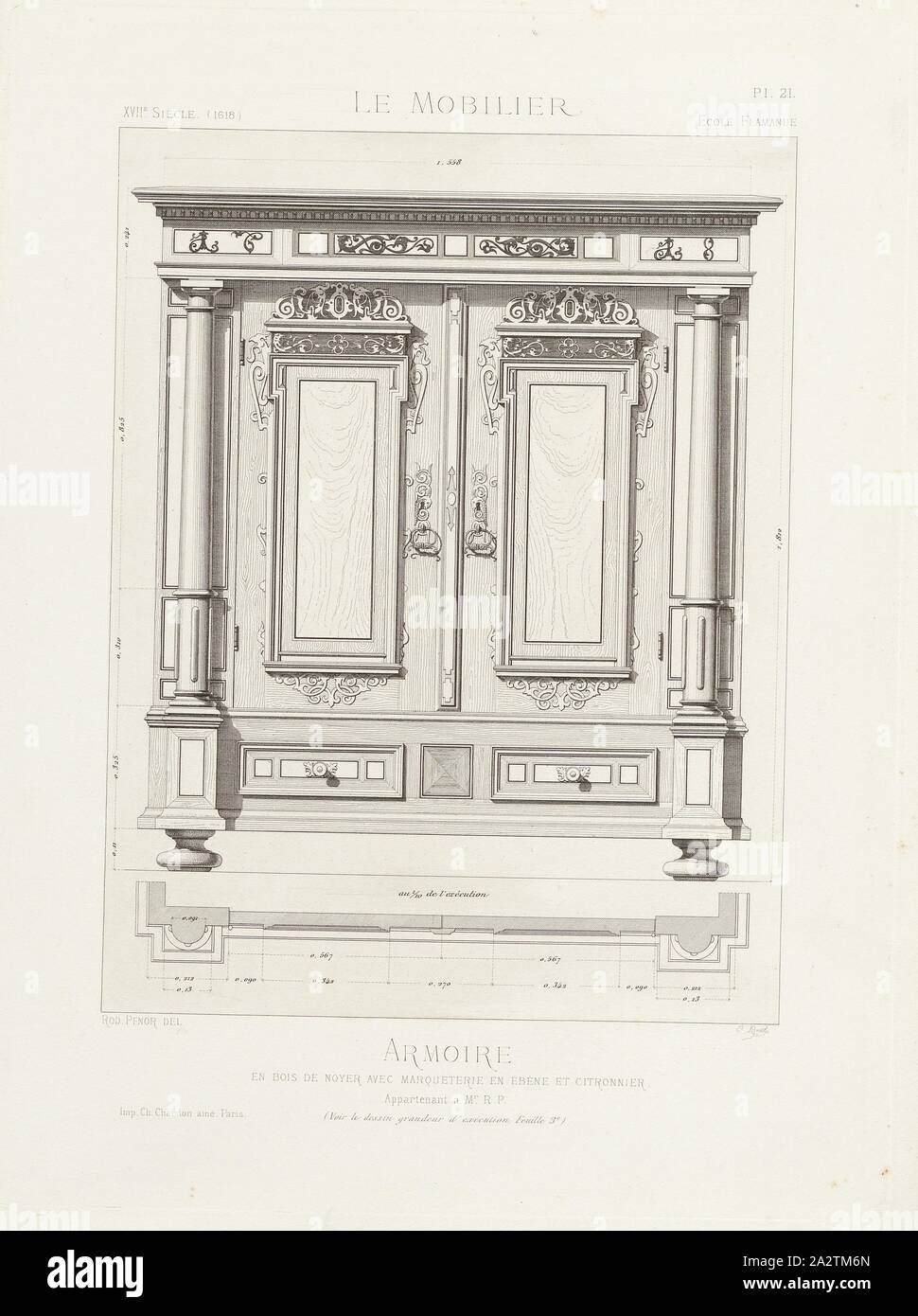 Cabinet en bois de noyer avec marqueterie d'ébène et de citron, de meubles  du 17ème siècle, la date Estimation, signé : Rod., Pfnor del, C. Brück ;  Imp. Ch. Chardon ainé, pl.