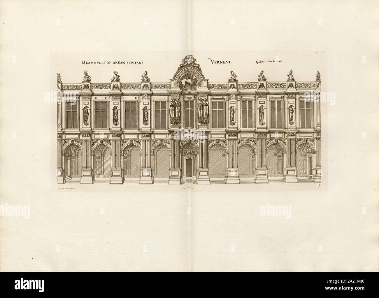 Verneuil. Galerie dans la cour, le Château de Verneuil-en-Halatte en France, signé : FD ; Imp. Lemercier ; A. Levy, fig. 57, T. 1. 55., Jacques Androuet du Cerceau, (del.) ; Faure-Dujarric, Pierre-Lucien (sc.) ; imprimerie Lemercier (imp.) ; Levy, A. (éd.), 1868, Jacques Androuet du Cerceau, Hippolyte A. Destailleur : Les Plus Excellents Bastiments de France. Paris : A. Lévy, Libraire-Editeur, M DCCC LXVIII - M DCCC LXX. [1868-1870 Banque D'Images