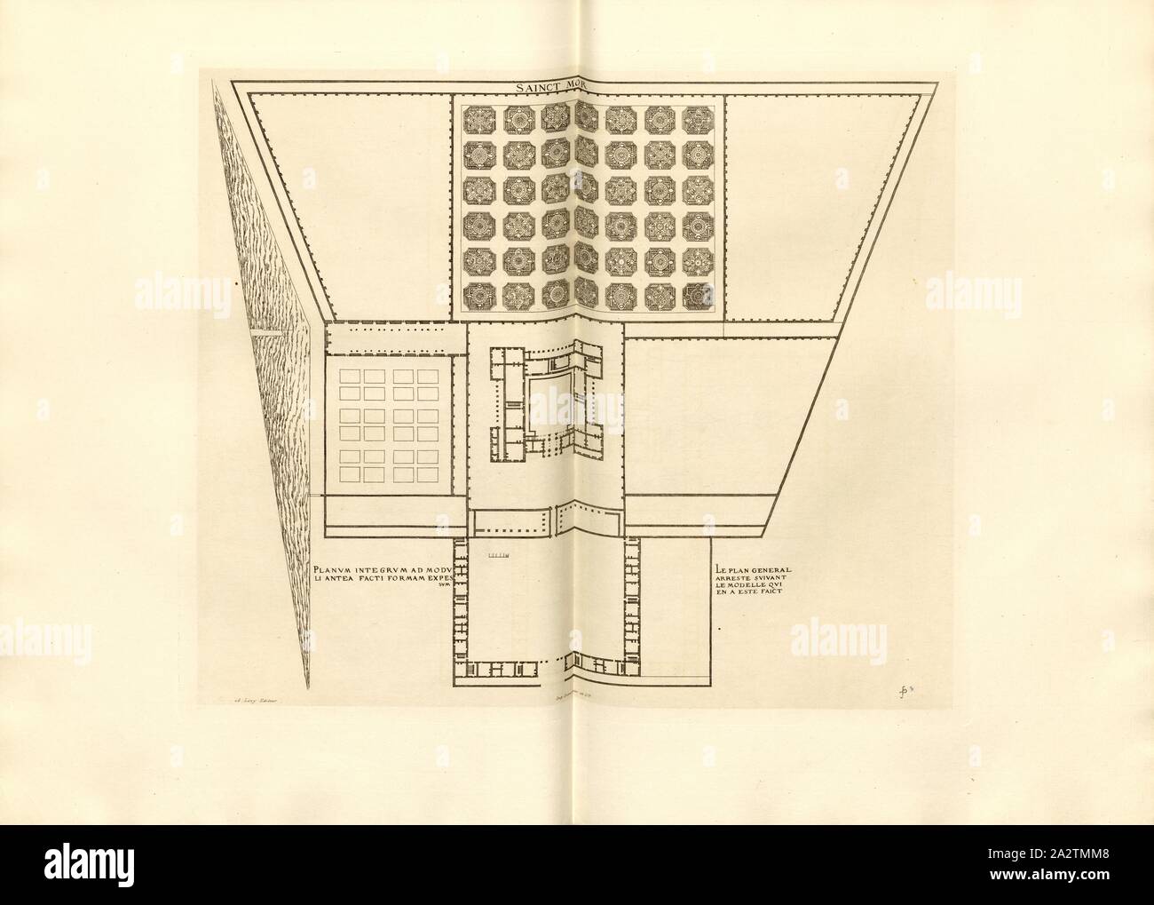 Sainct Mor. Le plan général s'arrête selon le modèle qui a été fait, un plan au sol du Château de Saint-Maur en France, signé : FD ; Imp. Lemercier et Cie, A. Lévy (éd.), fig. 28, Jacques Androuet du Cerceau, du (del.) ; Faure-Dujarric, Pierre-Lucien (sc.) ; Lemercier (imp.) ; Levy, A. (éd.), 1868, Jacques Androuet du Cerceau, Hippolyte A. Destailleur : Les Plus Excellents Bastiments de France. Paris : A. Lévy, Libraire-Editeur, M DCCC LXVIII - M DCCC LXX. [1868-1870 Banque D'Images