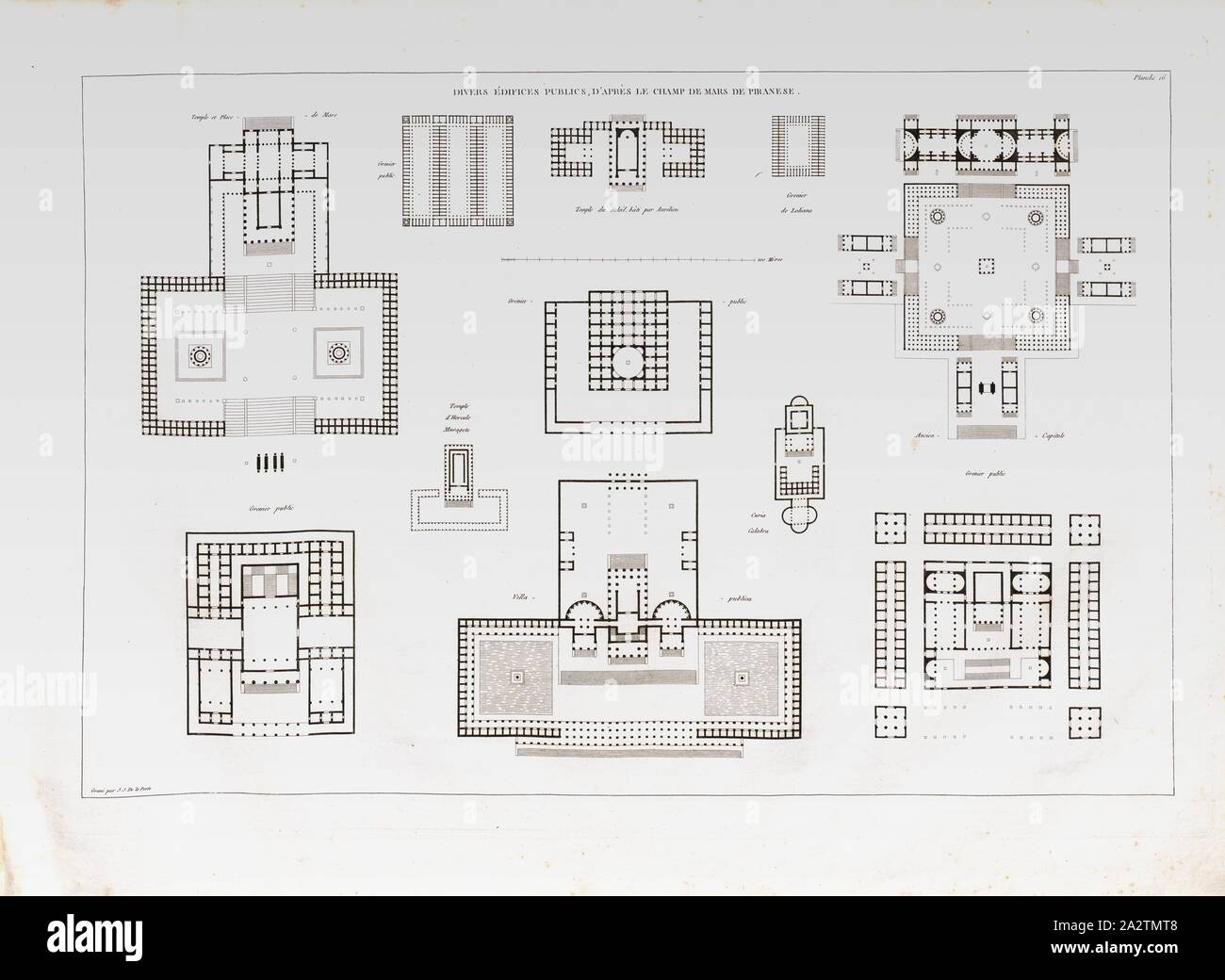 Divers bâtiments publics, selon le Piranese Champ de Mars, les plans de divers bâtiments sur le Campus Martius à Rome après Piranesi, signé : Gravé par J. J. De la porte, Pl. 16, p. 41, Porte, J. J. de la (désorganisé), Jean-Nicolas-Louis Durand : Recueil et parallèle des édifices de tout genre, anciens et modernes, remarquables par leur beauté, par leur grandeur ou par leur singularité, et dessinés sur une même échelle. Paris : chez l'auteur, 1801 Banque D'Images