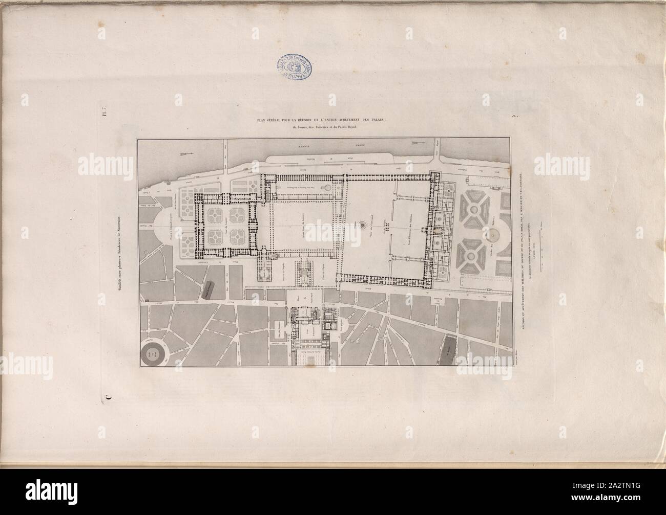 Plan général pour la réunion et l'ensemble de l'achèvement du Palais du Louvre et des Tuileries, : Palais Royal, de l'illustration du plan du 19e siècle, Louvre signé : ... par C. Percier et Fontaine P.F.L, Gravé par Hibon, Pl. 7, p. 494, Percier, Charles (comp.) ; Fontaine, Pierre-François-Léonard (comp.) ; Hibon (désorganisé), 1831, Charles Percier : Plans de châteaux, palais et résidences de souverains de France, d'Italie, d'Espagne et de Russie : dessinés sur une même échelle pour être comparés A.P.P.P.L.D.R.D.R. (Au plan projeté pour le palais du Roi de Rome). Paris : Marquerie, 1800 Banque D'Images