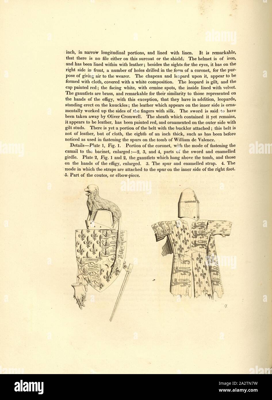 L'équipement militaire du Prince Noir qui sont suspendus par un fer à repasser au-dessus de la tombe, l'équipement militaire d'Édouard de Woodstock au tombeau dans la Cathédrale de Canterbury, fig. 95, 4, p. 66, après Charles Alfred Stothard, Alfred John Kempe : Les effigies monumentales de Grande-bretagne : sélectionné dans nos cathédrales et églises, dans le but de réunir et de préserver des représentations correctes des meilleures illustrations historiques existe, à partir de la conquête normande pour le règne de Henri le huitième : consacré par l'autorisation de le Prince Régent. Londres : imprimé par J. M'Creery [...], 1817-1832 Banque D'Images