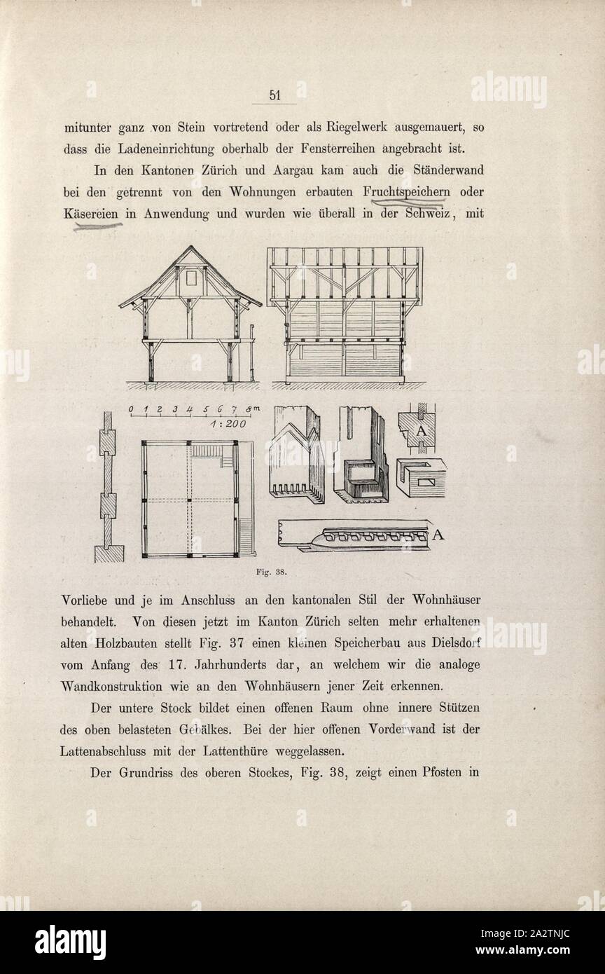 Plan d'étage du bâtiment de stockage à Dielsdorf, plan d'étage et les sections d'un 17e siècle bâtiment de stockage en Dieslsdorf, fig. 38, p. 51, 1885, Ernst Gladbach : Die der Schweiz, Holz-Architectur 2. Aufl. Zürich & Leipzig : Orell Füssli, 1885 Banque D'Images
