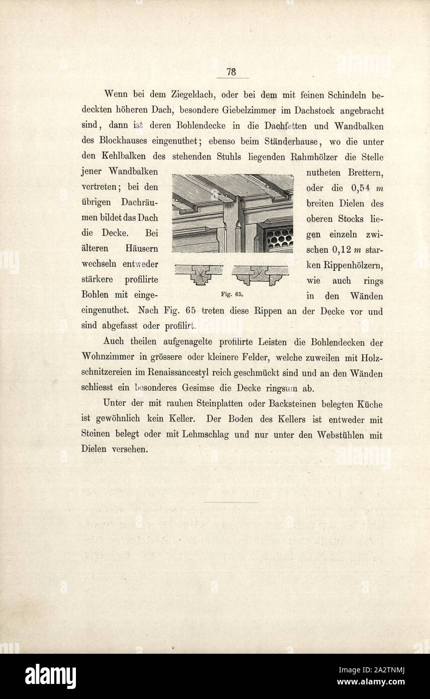 Bois, côtes à côtes avec un plafond en bois, fig. 65, p. 78, 1885, Ernst Gladbach : Die der Schweiz, Holz-Architectur 2. Aufl. Zürich & Leipzig : Orell Füssli, 1885 Banque D'Images