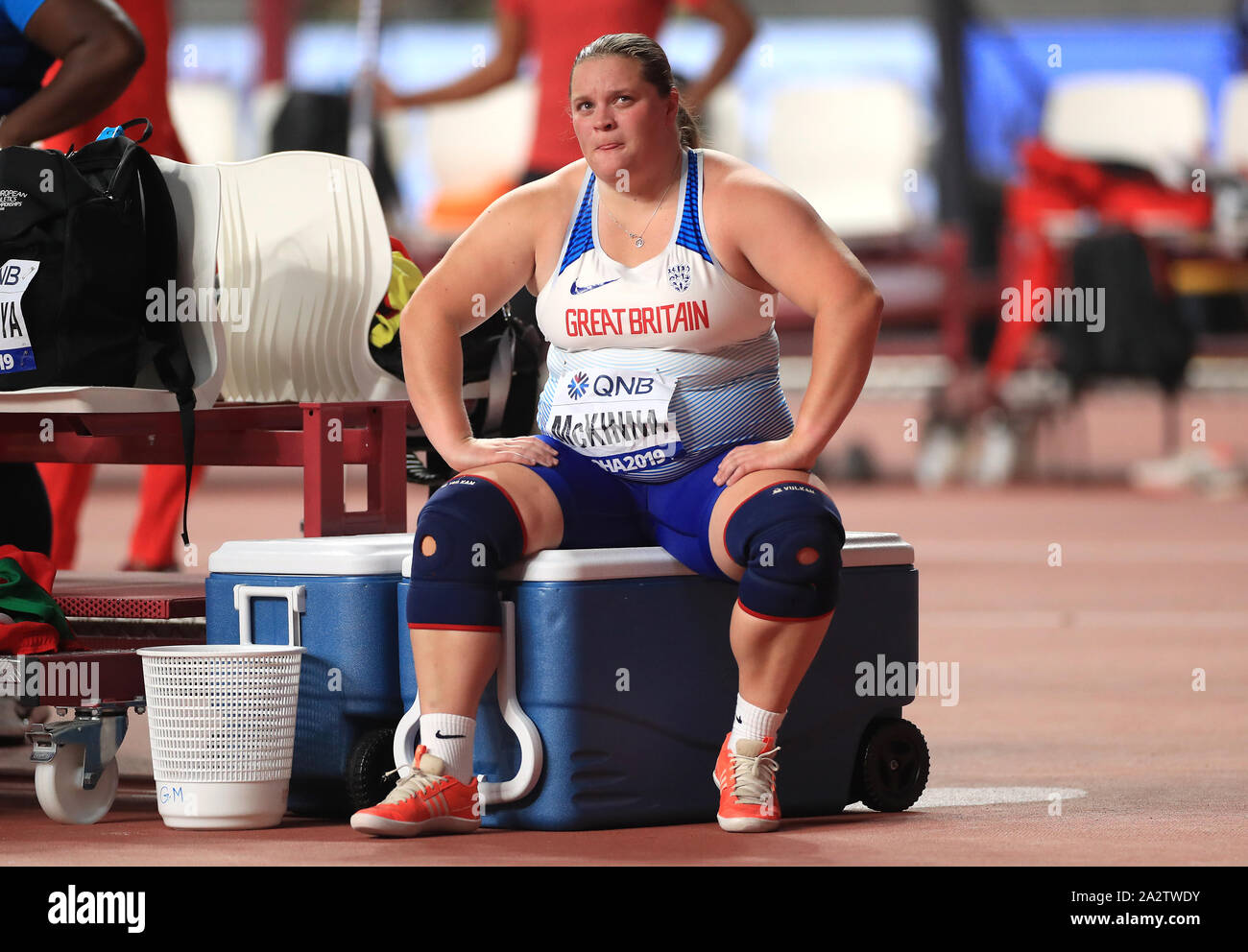 Sophie de la Grande-Bretagne pendant la McKinna Lancer la finale des femmes pendant sept jours des Championnats du monde de l'IAAF à la Khalifa International Stadium, Doha, Qatar. Banque D'Images