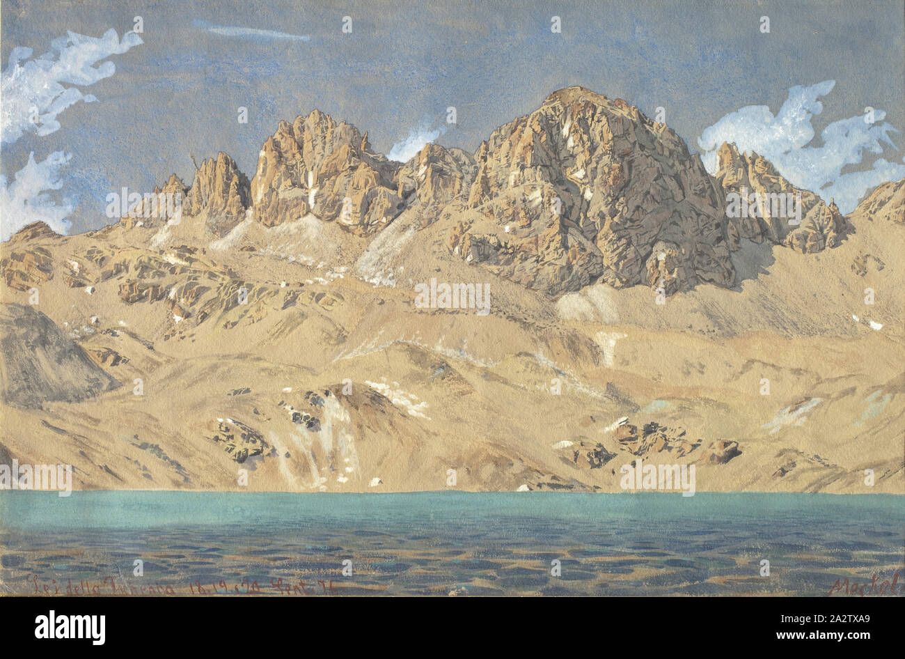 Lac de Tscheppa avec Mt. Dans la vallée de l'Engadine Polaschin, Adolf von Meckel (allemand, 1856-1893), 1876, aquarelle et gouache sur mine de plomb sur papier beige, 13-1/8 x 19-7/8 po., inscrit en rouge, l.l. : Lej della Tscheppa 18, 19, 20 Sept 76 signé en rouge, l.r. : Meckel inscrit au crayon, verso, c : Lej della Tscheppa entrer il Pulaschin Piz Piz ed il Coutscharols Banque D'Images