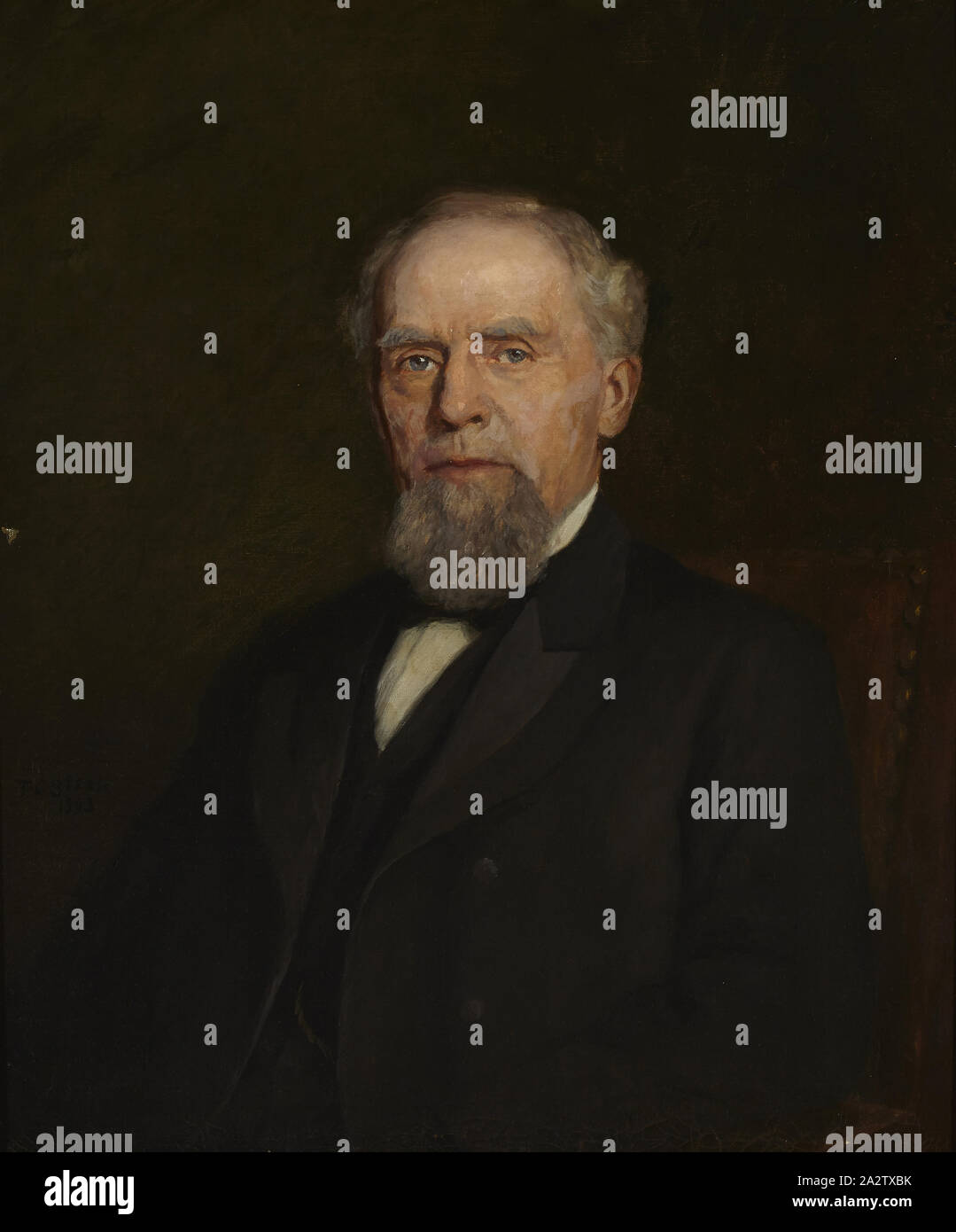 Portrait de William J. Holliday, Theodore Clement Steele (Américain, 1847-1926), 1903, huile sur toile, 30 x 25-1/4 in. (Toile) 42 x 37-1/8 x 4-1/4 in. (Pans), signé et daté, l.c. : T C Steele, 1903 inscrit au crayon, verso, abaisser la barre de civière : Holliday 8423 inscrit en noir pastel, verso, la barre de civière : HOLLADAY [sic.], papier de l'étiquette collée sur le verso, dos protecteur : Fondée en 1870, FINDLAY, galleries, Inc., Chicago, American Peinture et Sculpture à 1945 Banque D'Images