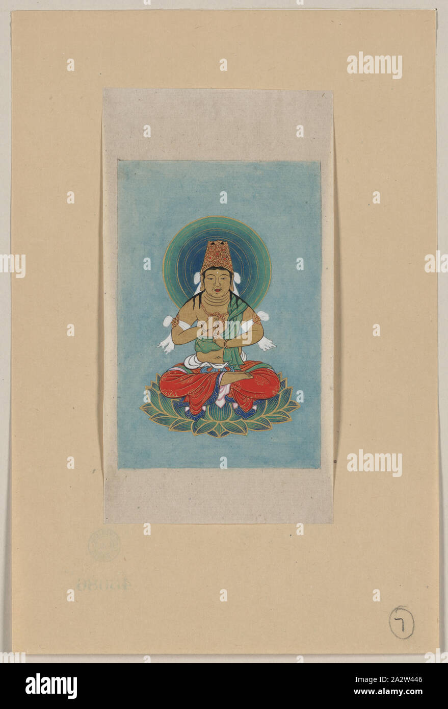 La figure religieuse assis sur un lotus, face à l'avant, avec halo bleu/vert derrière sa tête Banque D'Images