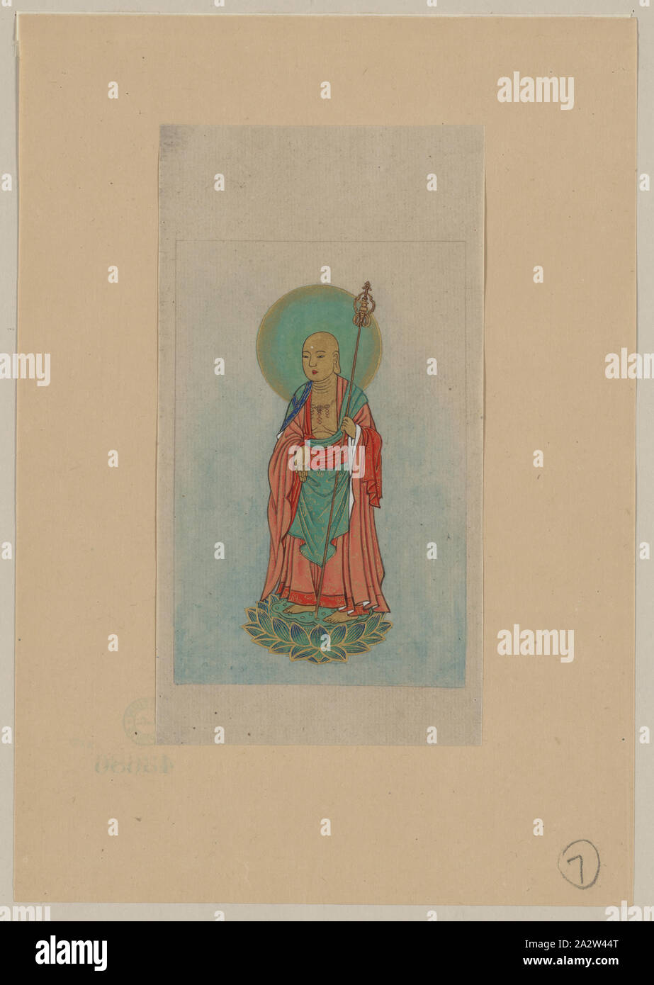 La figure religieuse, peut-être, Bouddha debout sur un lotus, en face légèrement à gauche, tenant un bâton, avec un halo vert derrière sa tête Banque D'Images