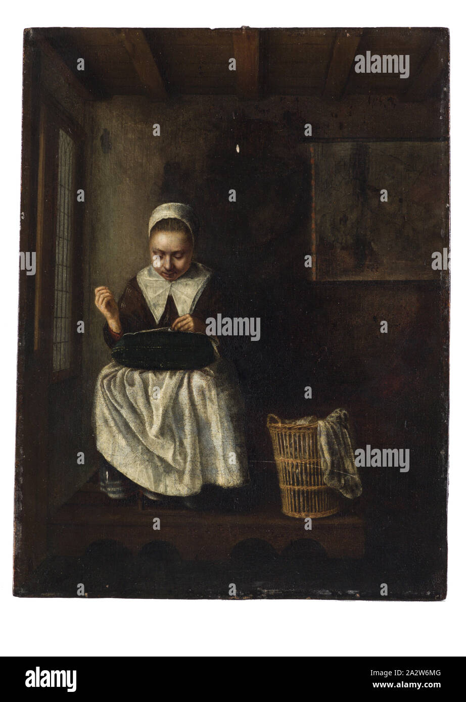 Une fille Couture, Nicolaes MAES (Néerlandais, 1634-1693), huile sur panneau, 16 x 12-1/2 in. (Groupe) 20 x 16-3/8 po. (Encadré), la peinture et la sculpture européenne avant 1800 Banque D'Images