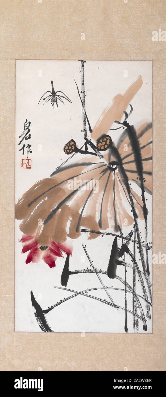 Lotus et Dragon Fly, Qi Baishi (1863-1957), chinois, {} période moderne chinois, date inconnue, encre et couleur sur papier, 26-1/8 x 13-3/8 po. (Image) 36-13/16 x 16-9/16 in. (L'ensemble), joint : Bai Signé : Baishi effectuée (zuo), Asian Art Banque D'Images