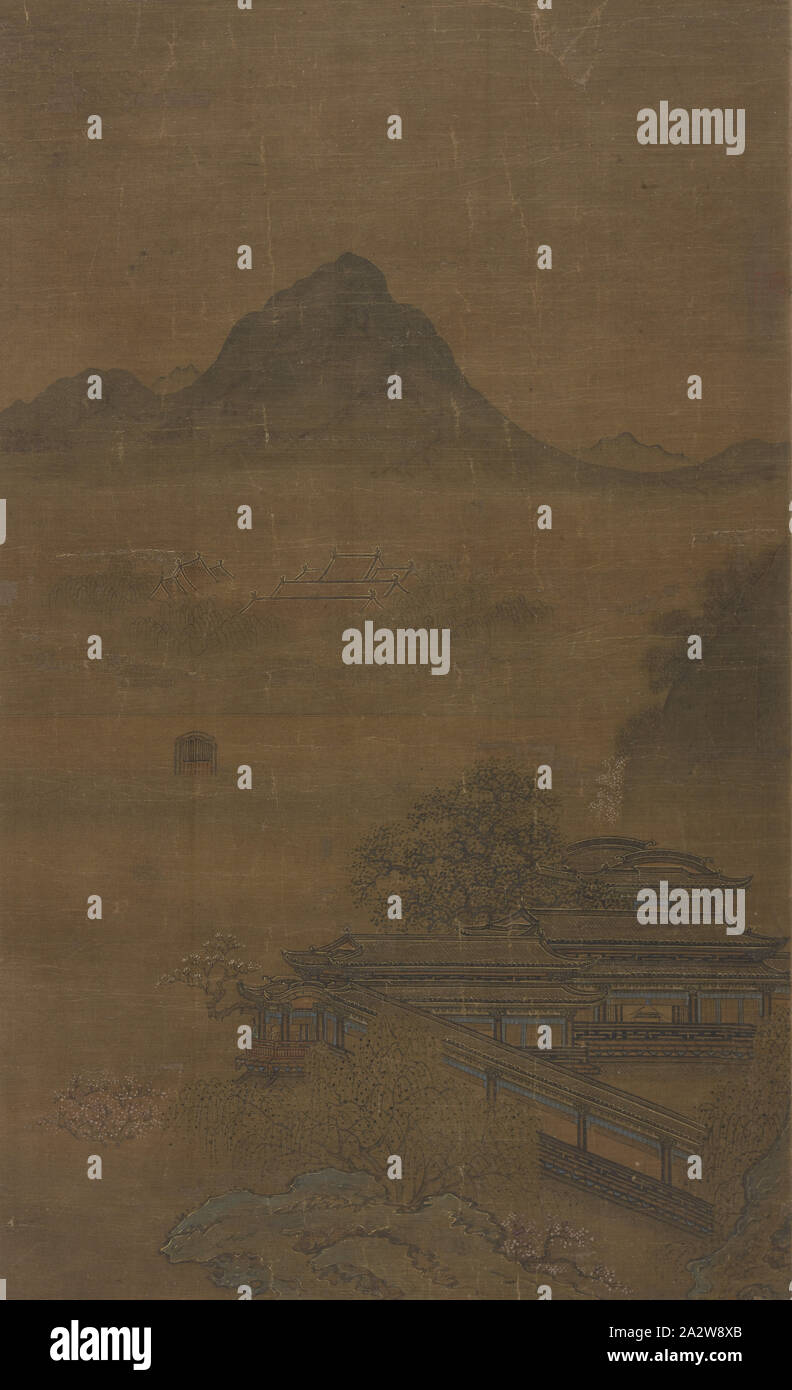 Pavillons de palais au printemps brumes, attribuée à Yuan Jiang (Chinois), dynastie Qing, vers 1750, encre, couleur et or sur soie, 23-1/4 x 14-1/4 in. (Image), Asian Art Banque D'Images