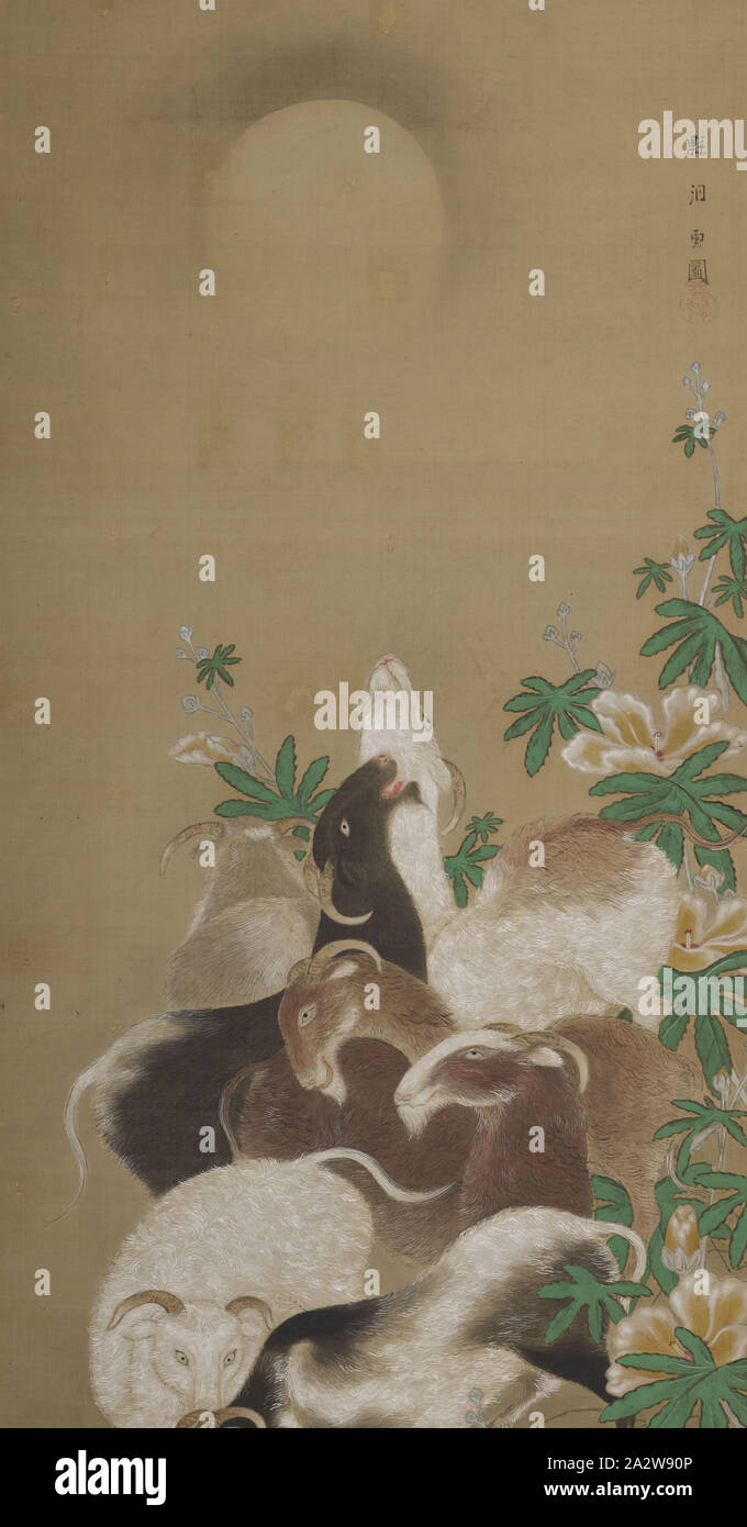 Chèvres et Tōun 狩野洞雲 Kanō, lune (japonais, 1625-1694), Edo, 1625-1694, encre et couleur sur soie, 32-3/4 x 13-3/8 po. (Image) 68 x 20-1/4 x 1 in. (Installé), signé : Ken un __Masuyoshi zu, Joint : [éventuellement], Art asiatique Banque D'Images