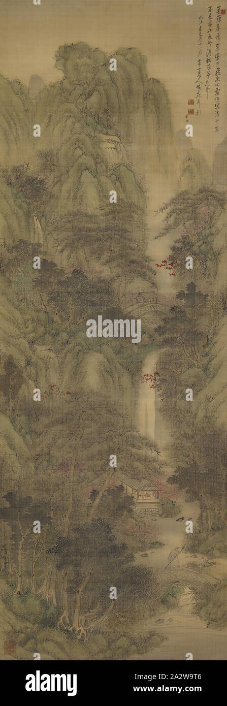 Paysage de printemps, Saito Kian (japonais, 1805-1883), Meiji, 1881, encre et couleurs légères sur soie, 63-1/4 x 22 in. (Image) 84-1/8 x 28-1/8 po. (Total) 31-3/8 in. (Largeur de montage - barres descendantes) L : 1-1/4 in. (Cordon de suspension), signé par l'artiste et la date se lit comme suit : no mi (kanoto Meiji correspond à l'hiver 1881), 11e mois, 77 [ans] Rojin Kian, année      4 joints de secours : (non lus) inscrit : (non lus) joint relief Carré u.r.c. :     sanrin ? ? ? ? Deux joints en creux carrés disposées verticalement après inscription en u.r. Pas Chujun en ? ? ? ? Et Kian ? ? Allégement carrés joint dans l.l.c. : Heigan keishu bankaku Banque D'Images
