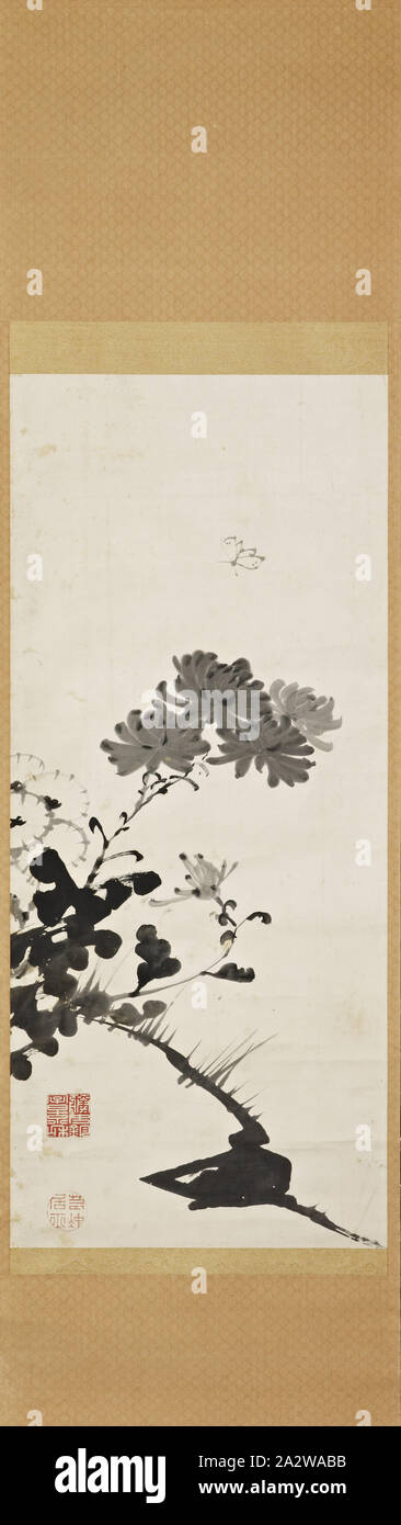 Chrysanthèmes et Itō Jakuchū Papillon, (1716-1800), japonais, Edo, environ 1765, encre sur papier, 39-1/4 x 17 in. (Image) 65-1/4 x 18-1/4 in. (Montage) 20-1/4 x 3/4 in. Matériel roulant (bar), joints d'artiste, Mark Description :, 1. Intaille carré : à Jokin azana Keiwa 2. Relief : ronde, Art asiatique Banque D'Images