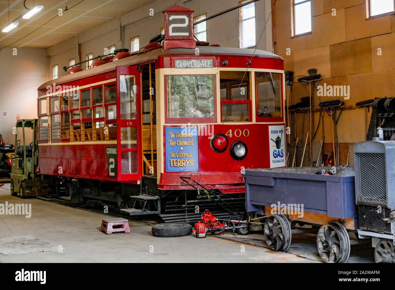 Garage, tramway électrique Nelson Society Museum, Lake Side Park, Nelson, Colombie-Britannique, Canada Banque D'Images