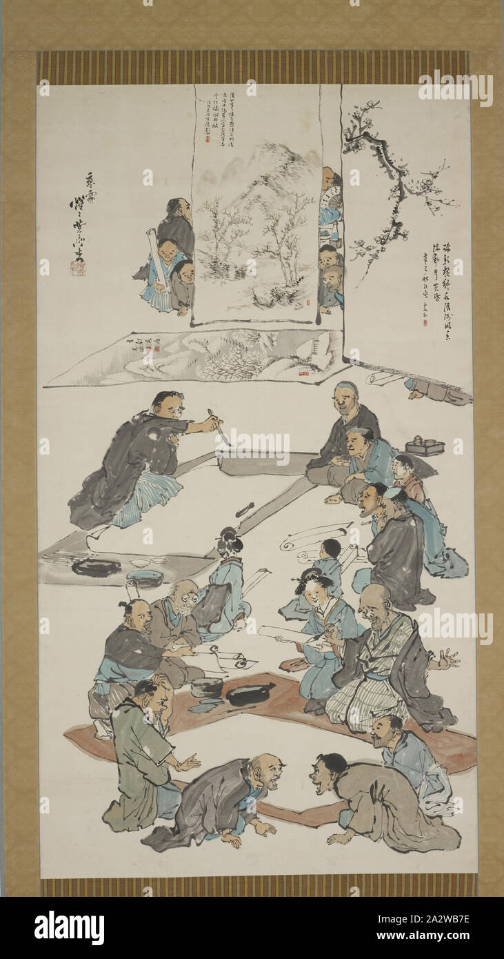 La calligraphie et la peinture, partie Kyōsai Kawanabe, japonais (1831-1889), 1881, encre et couleur sur papier, 58-1/2 x 32-1/4 in. (Image) 90-1/4 x 38-3/16 in. Montage (w/o knobs) 93-1/2 x 40-3/4 x 1-1/2 in. (Tel qu'installé) 90-1/4 x 40-7/16 in. (Montage w/ knobs), signé : Seisei Oju, Gyosai ga sceau : Kyosai dans, Art asiatique Banque D'Images