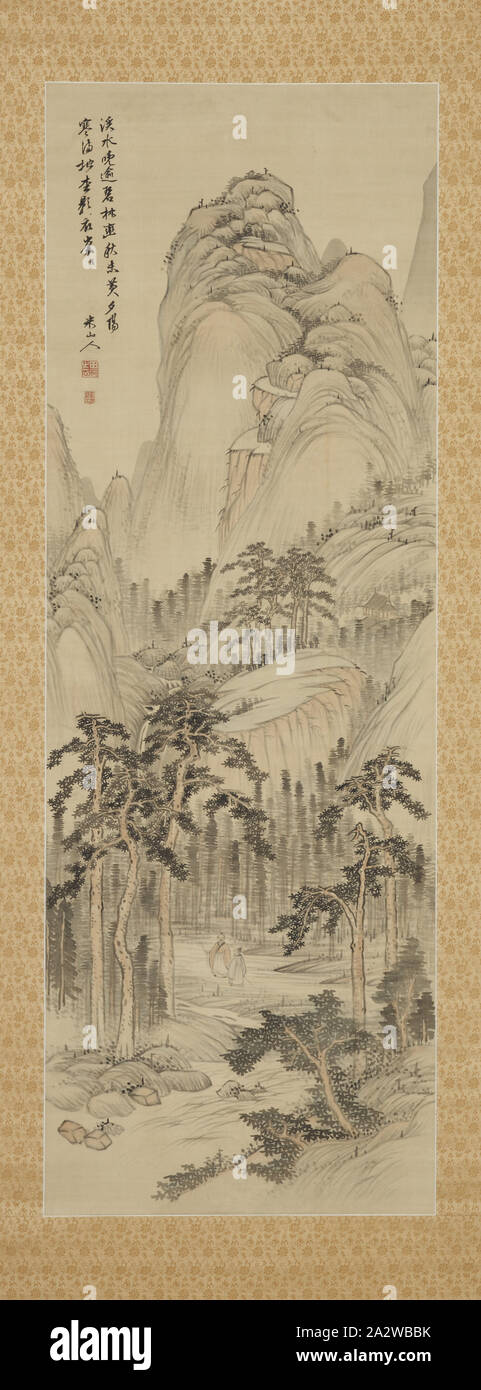 Paysage du soir à la fin de l'automne, Okada Beisanjin (japonais, 1744-1820), Edo, environ 1770, encre et couleurs sur soie, 60-3/4 x 21-1/4 in. (Image) 82 x 27-3/8 po. (Montage) W : 29-1/2 Matériel roulant (bar) H : 1 in. (Cord), signé par l'artiste, se lit comme suit : Beisanjin, joint en creux carrés, sous la signature : Okada, dans aucun allégement oblong Vertical joint : Riku, Art asiatique Banque D'Images