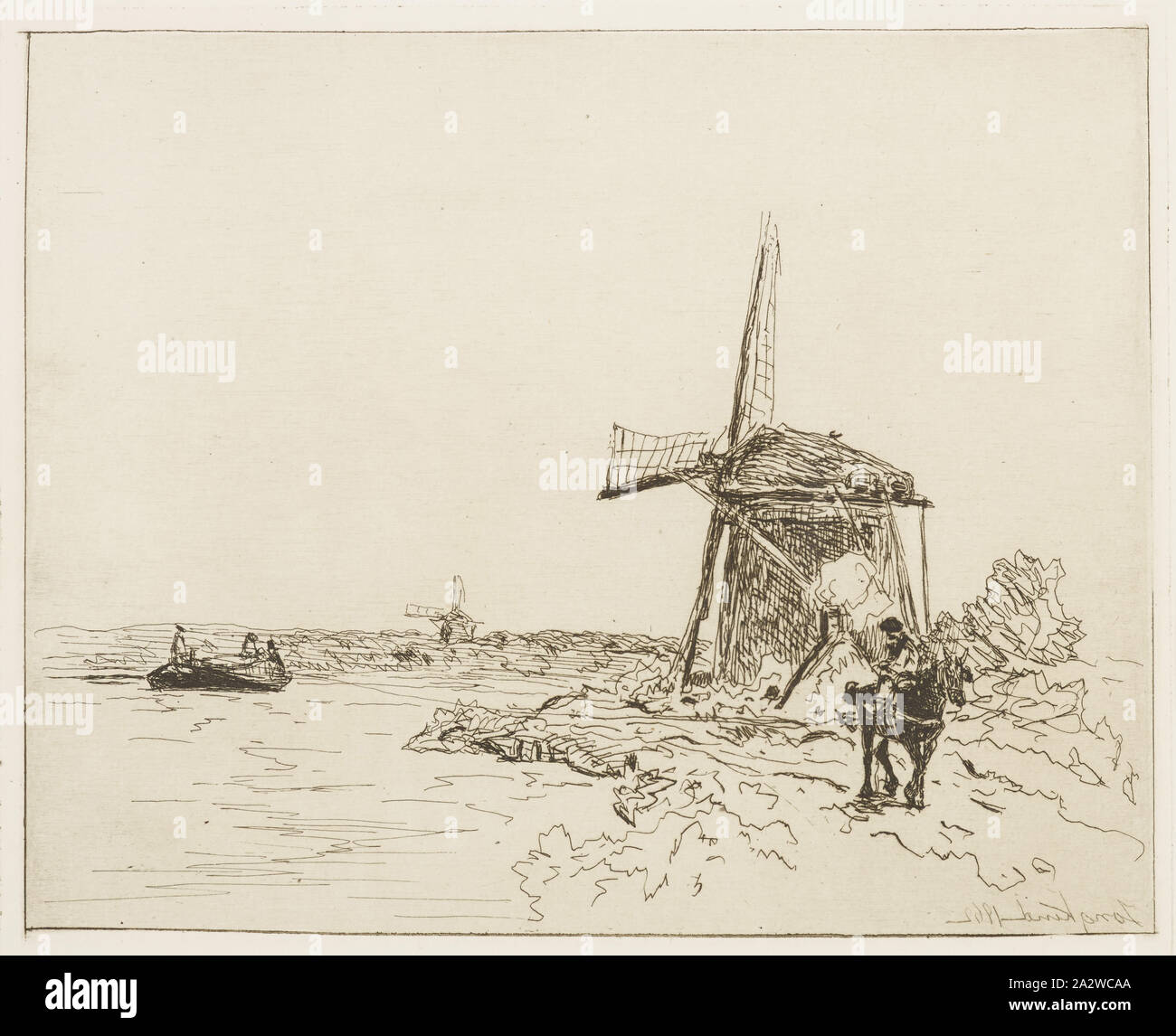 Le chemin de halage, Johan Barthold JONGKIND (1819-1891), Hollandais, Auguste Delâtre, (Français, 1822-1907), 1862, eau-forte sur papier crème mis à l'anglais, 6-5/8 x 8-1/4 in. (Image) 14 x 20-1/2 in. (Feuille), Filigrane : HALLINES avec un blason couronné, série, Cahier de six eaux fortes, vues de Hollande Banque D'Images