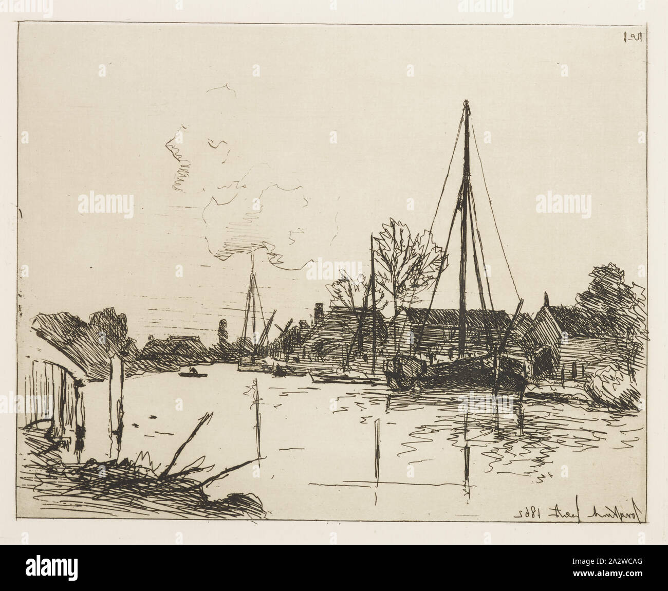 Le canal, Johan Barthold JONGKIND (1819-1891), Hollandais, Auguste Delâtre, Imprimante (Français, 1822-1907), 1862, eau-forte sur papier crème mis à l'anglais, 6-3/8 x 8 in. (Image) 14 x 20-1/2 in. (Feuille), Filigrane : HUDELIST, série, Cahier de six eaux-fortes vues de Hollande Banque D'Images