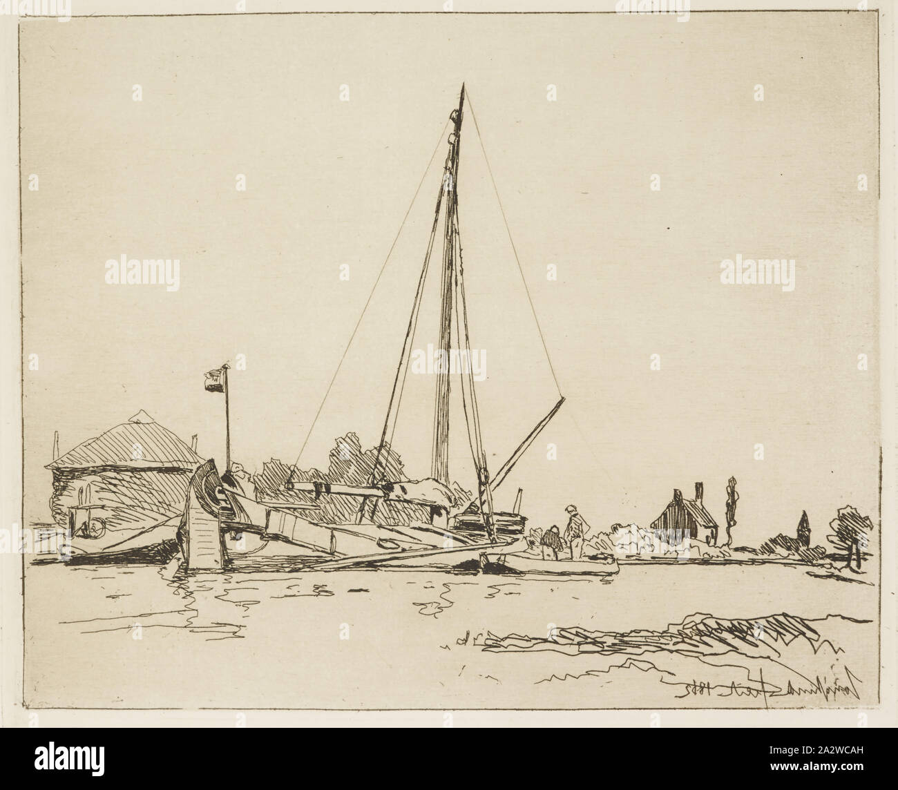 Le bateau amarré, Johan Barthold JONGKIND (1819-1891), Hollandais, Auguste Delâtre, (Français, 1822-1907), 1862, eau-forte sur papier crème mis à l'anglais, 6-5/8 x 8-1/8 in. (Image) 14 x 20-1/2 in. (Feuille), Filigrane : HALLINES avec un blason couronné, série, Cahier de six eaux fortes, vues de Hollande Banque D'Images