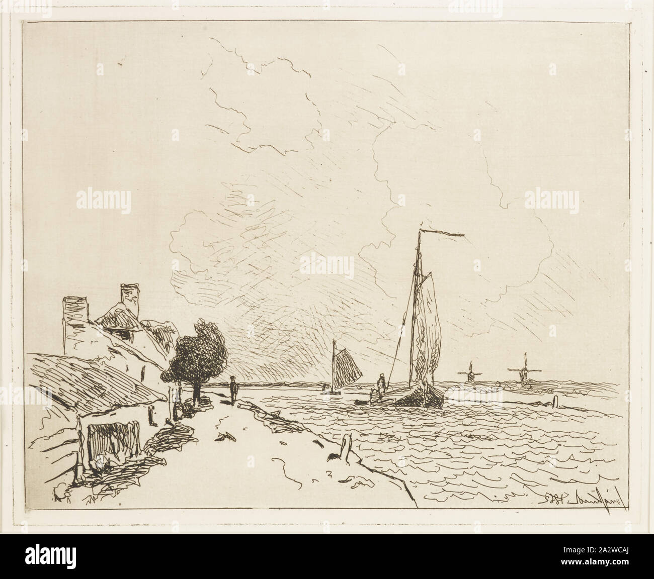 Les deux voiliers, Johan Barthold JONGKIND (1819-1891), Hollandais, Auguste Delâtre, (Français, 1822-1907), 1862, eau-forte sur papier crème mis à l'anglais, 6-5/8 x 8-1/4 in. (Image) 14 x 20-1/2 in. (Feuille), Filigrane : HUDELIST, série, Cahier de six eaux fortes, vues de Hollande Banque D'Images