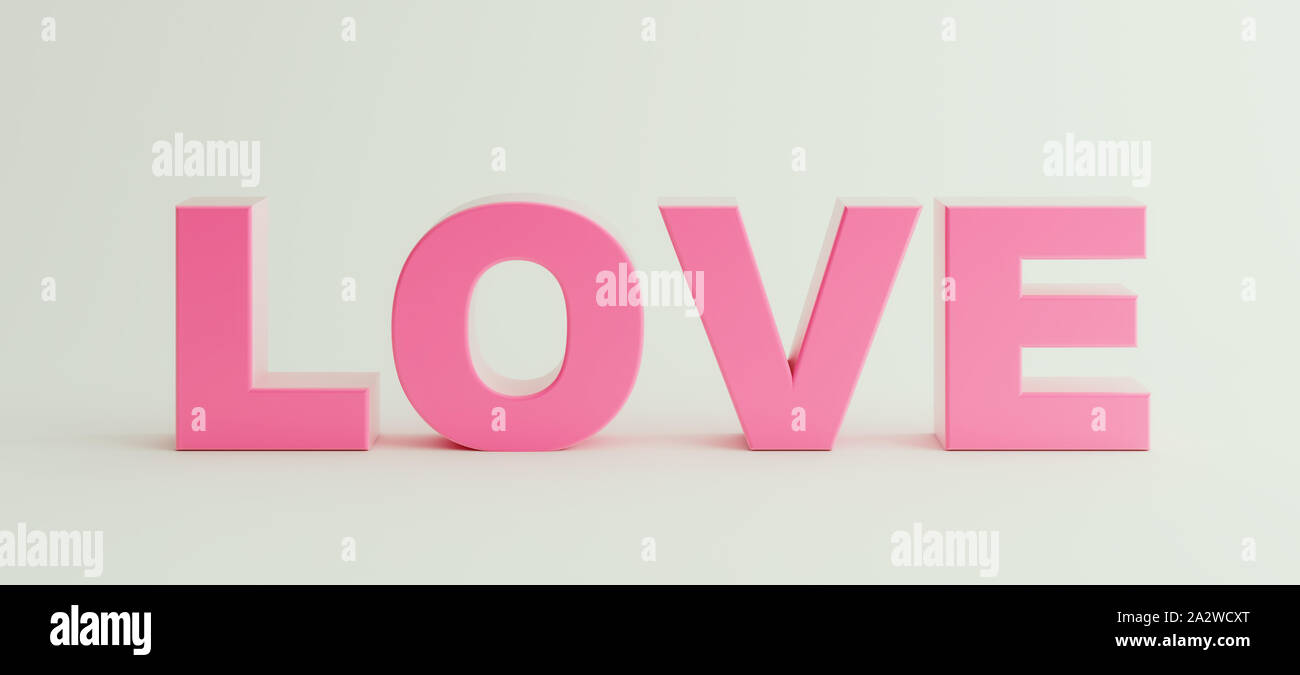 Amour écrit en lettres majuscules, lettres rose isolé sur fond blanc, affiche, maquette, rendu 3D, 3D Illustration Banque D'Images