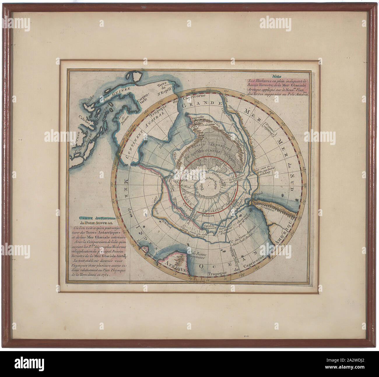 Carte - l'Antarctique et l'hémisphère Sud, 1752, lithographie colorée à la main d'une carte de la région du Pôle Sud. La carte à partir de laquelle cette lithographie a été créé a été faite par un cartographe inconnu en 1752. La lithographie a été acheté autour de 1954 dans un livre ouvert sur la rive gauche de la Seine à Paris par le Dr Philip, directeur de la Division antarctique australienne et leader de l'ANARE (Australian National Antarctic Research Expedition Banque D'Images