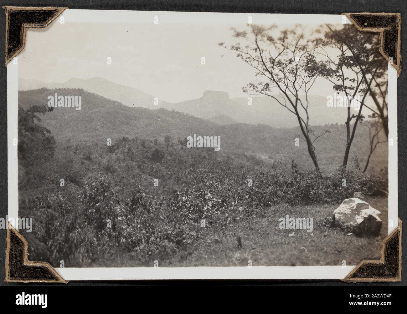 Photographie - Bible Rock, Palmer migrants de la famille Voyage, Sri Lanka, 14 mars 1947, photographie en noir et blanc intitulé "Bible Rock', il montre un paysage de montagne, prises le 14 mars 1947. Elle fait partie d'un album photo relié en cuir créé par George Palmer durant son voyage de migrants l'Angleterre à l'Australie sur le RMS Orion en 1947. George émigré en Australie avec sa femme Rita et leurs deux filles, Shirley et Lesley. l'enregistrement de l'album les Palmer' life Banque D'Images