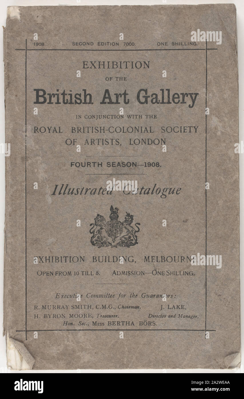 - Catalogue de l'exposition "British Art Gallery", Melbourne, 1908, catalogue illustré produites pour la quatrième saison de l'exposition "British Art Gallery' qui s'est tenue en conjonction avec le British-Colonial Royal Society of Artists, Londres, à l'exposition des bâtiments, Melbourne, 1908. Le catalogue, compilé et édité par J Lake, contenait des notes sur les photos exposées et plus de 80 illustrations Banque D'Images