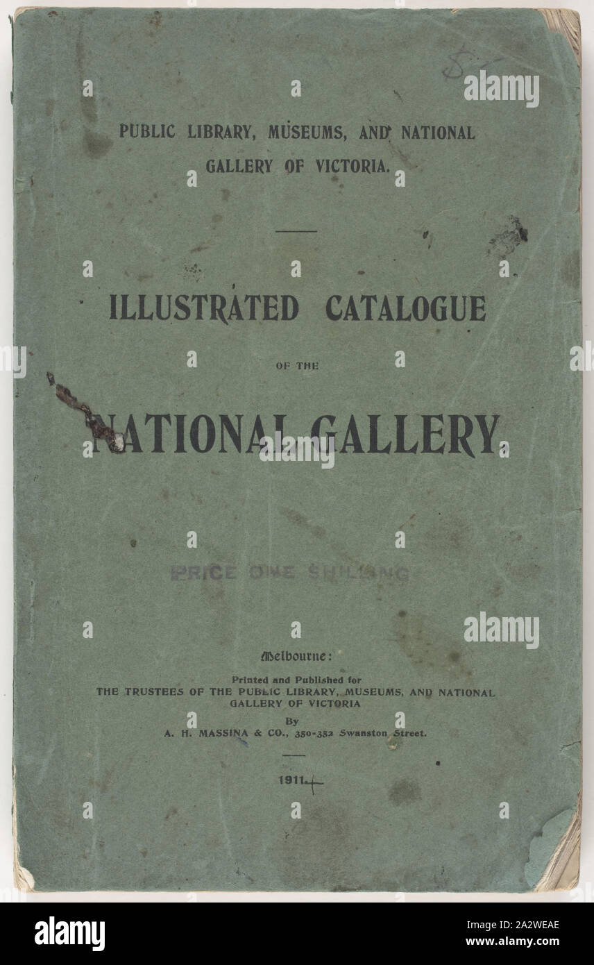 Catalogue - Catalogue illustré de la National Gallery, Melbourne, 1911, catalogue illustré des œuvres à la National Gallery of Victoria collection, publié en 1911. Le catalogue a été commandé par l'administration de la bibliothèque publique, des musées et de la National Gallery of Victoria. Il inclus des illustrations noir et blanc de nombreuses œuvres de la collection, avec une brève description et d'acquisition d'informations. Un certain nombre d'œuvres ont été acquises à partir de Melbourne International Banque D'Images