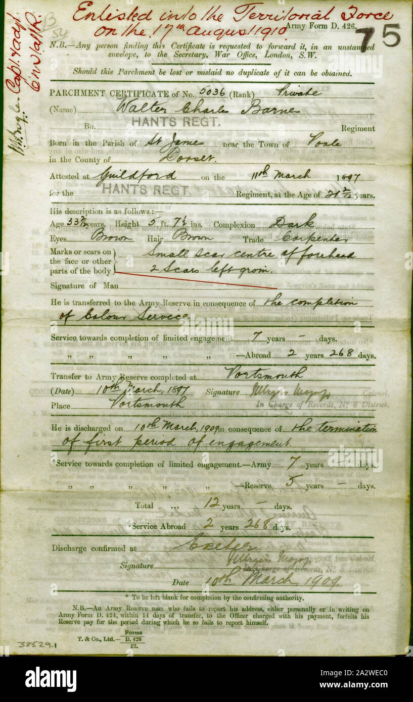 Certificat de libération - émis à des Walter Charles Barnes, la Force territoriale, Grande Bretagne, 10 mars 1909, Certificat de libération pour Walter Charles Barnes du Hampshire Regiment en conséquence de l'expiration de la première période d'engagement. Barnes complété cinq ans de réserver et de sept ans de service de l'armée, y compris deux ans et 268 jours à l'étranger. Le certificat comprend des détails sur Barnes' nature et le déroulement des campagnes, et des médailles Banque D'Images