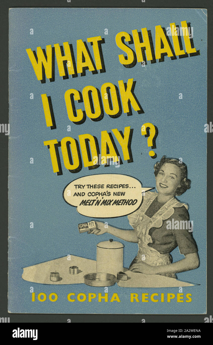 Livre - Que dois-je faire aujourd'hui ?, vers 1950-1959, autre nom(s) : Livre de cuisine avec livret recettes utilisant copha shortening végétal, datant d'autour des années 1950. Faites par N.S.W. Printing Co. Pty Ltd. utilisée par Mme Bessie Yootha Downing Goldsworthy, né en 1903, marié en 1928 et est mort en 1990. Sa belle-fille, Shirley Goldsworthy, a écrit un essai qui s'appuie sur l'histoire orale des entretiens avec Mme Goldsworthy et sa sœur Banque D'Images