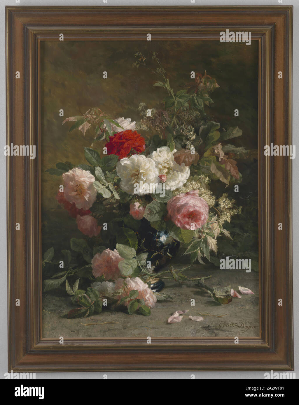 Peinture - 'Roses', Geraldine Jacoba Van de Sande Bakhuyzen, huile, Pays-Bas, encadré, vers 1880, une peinture à l'huile intitulée 'Roses' par l'artiste néerlandais Geraldine Jacoba Van de Sande Bakhuyzen (1826-1895). Le travail a été à l'origine partie de la collection d'art de riches marchands de Melbourne et collectionneur John, et de Twycross est l'une des trois œuvres de l'artiste retenu par la famille de Twycross. Le Bakhuyzens sont une famille d'artistes néerlandais, liés par le mariage à l'autre célèbre Banque D'Images