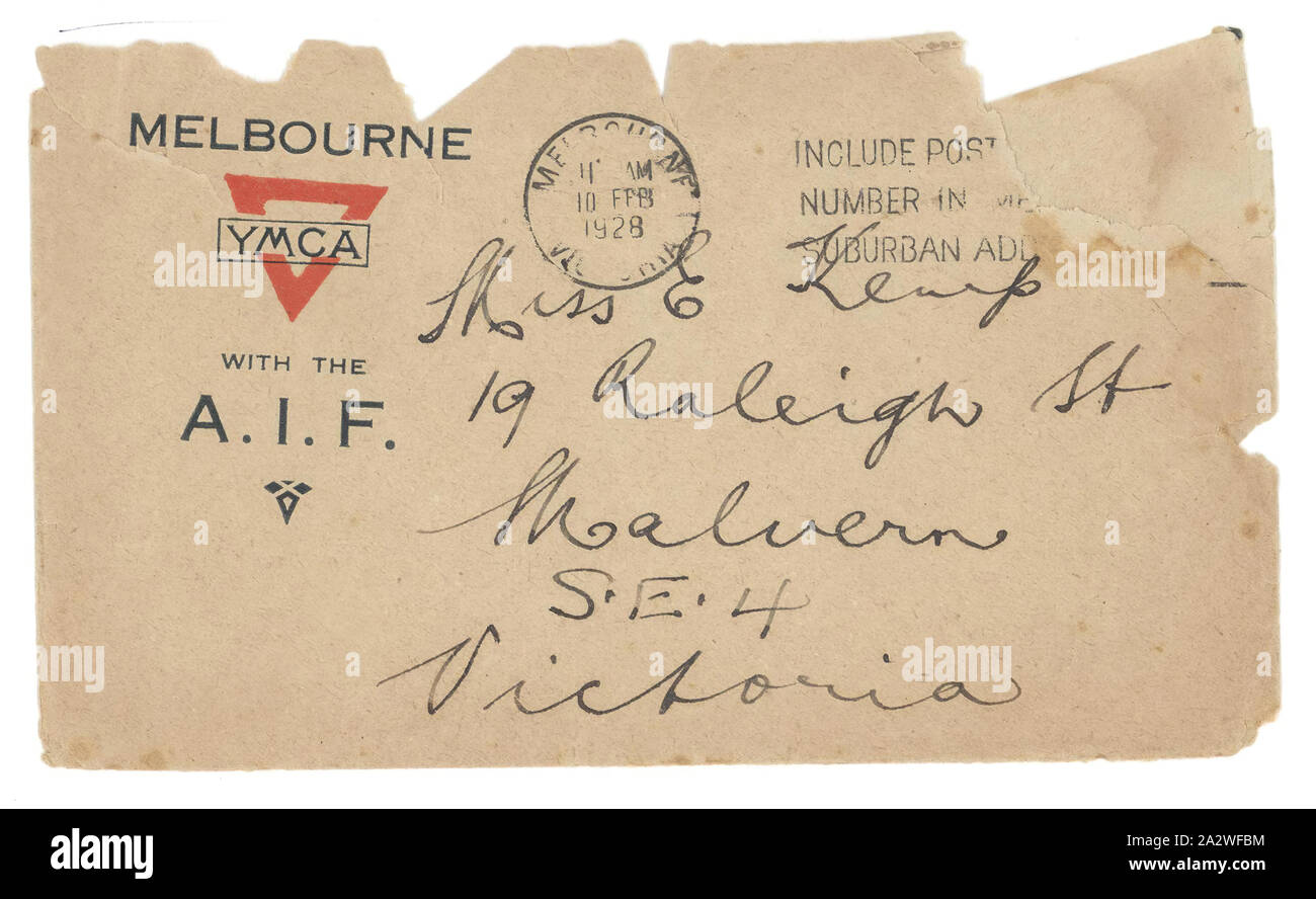 Enveloppe - Melbourne YMCA et AIF à Mlle E. Kemp, 10 février 1928, enveloppe qui contenait une lettre d'Ethel Kemp, fille d' Albert Kemp, mort au combat pendant la Première Guerre mondiale Albert Edward Kemp était un 32-year-old butcher vivant à Caulfield et marié à Annie Josephine, lorsqu'il s'est enrôlé. Annie et il avait une fille, Ethel Mavis, et un petit garçon, George Percival. Albert s'enrôle au Royal Park le 4 octobre 1916, et a été affecté à la 22e renforts Banque D'Images