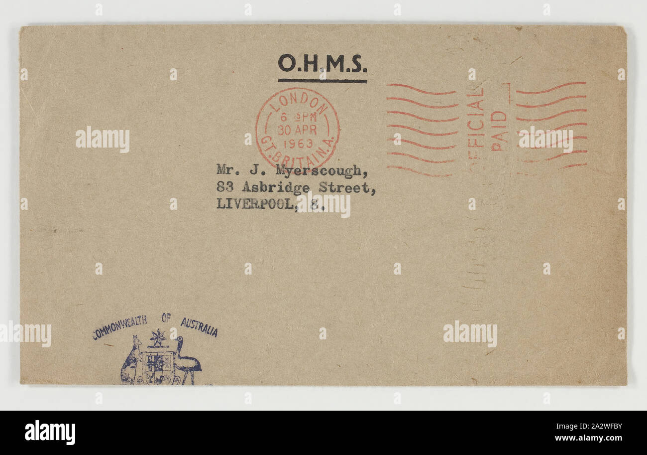 - Enveloppe de Commonwealth d'Australie, Myerscough, 1963, enveloppe qui contenait un reçu des sommes dues en matière de migration pour les dépenses de l'Australie. L'enveloppe a fait partie de l'application et l'acceptation de l'Myerscough pour migrer de l'Angleterre à l'Australie en 1963. John et Doreen Myerscough émigré en Australie depuis Liverpool en Angleterre avec leurs filles Jill et Julie le 20 novembre 1963. La recherche de meilleures occasions Banque D'Images
