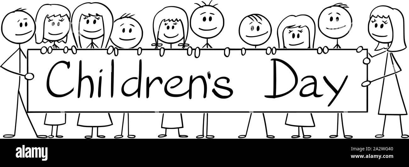 Vector cartoon stick figure dessin illustration conceptuelle du groupe d'enfants souriants holding grand panneau avec la Journée de l'enfance texte sur elle. Illustration de Vecteur