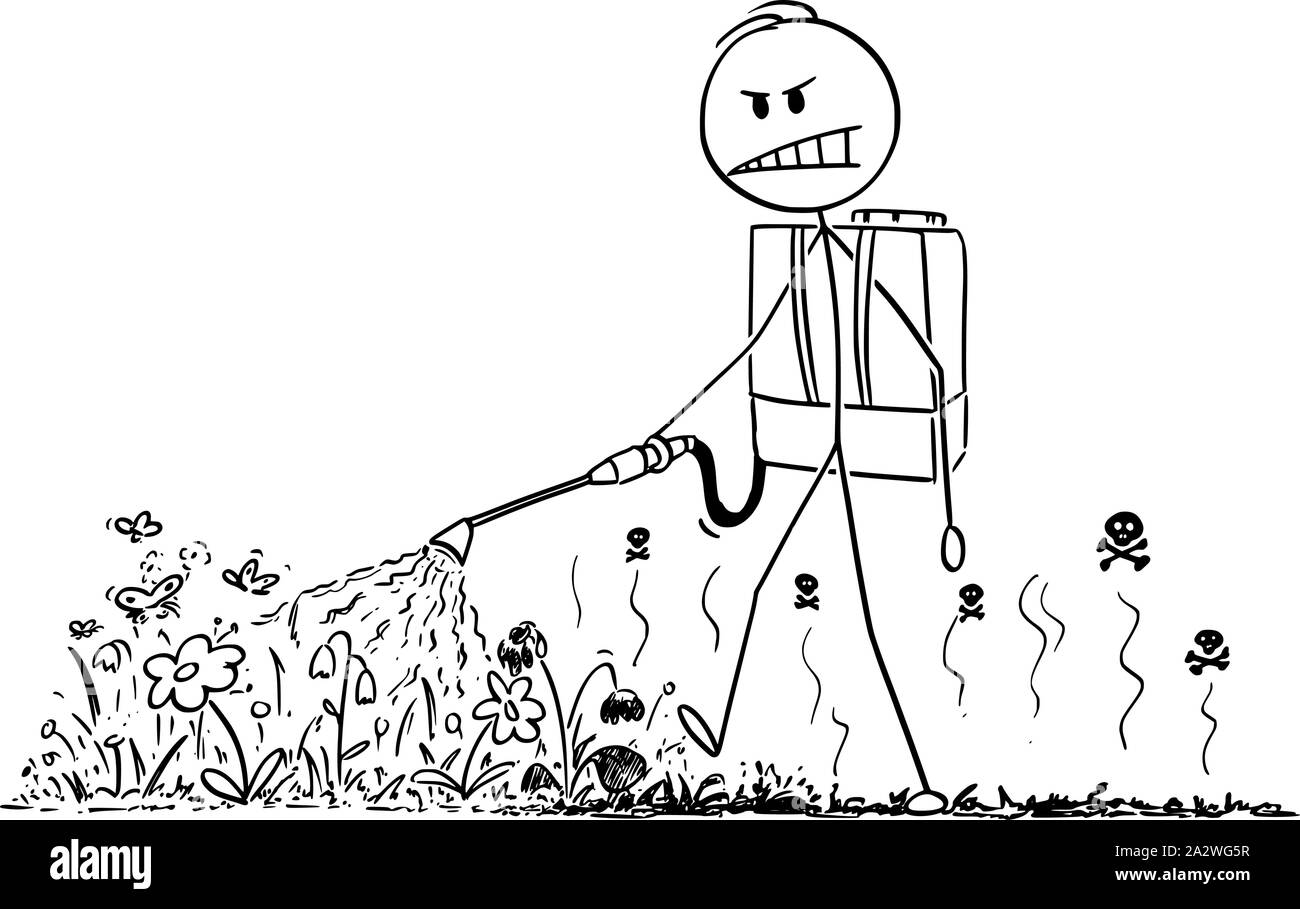 Vector cartoon stick figure dessin illustration conceptuelle de l'homme de la pulvérisation d'herbicides toxiques ou un désherbant sur les plantes ou fleurs. Illustration de Vecteur