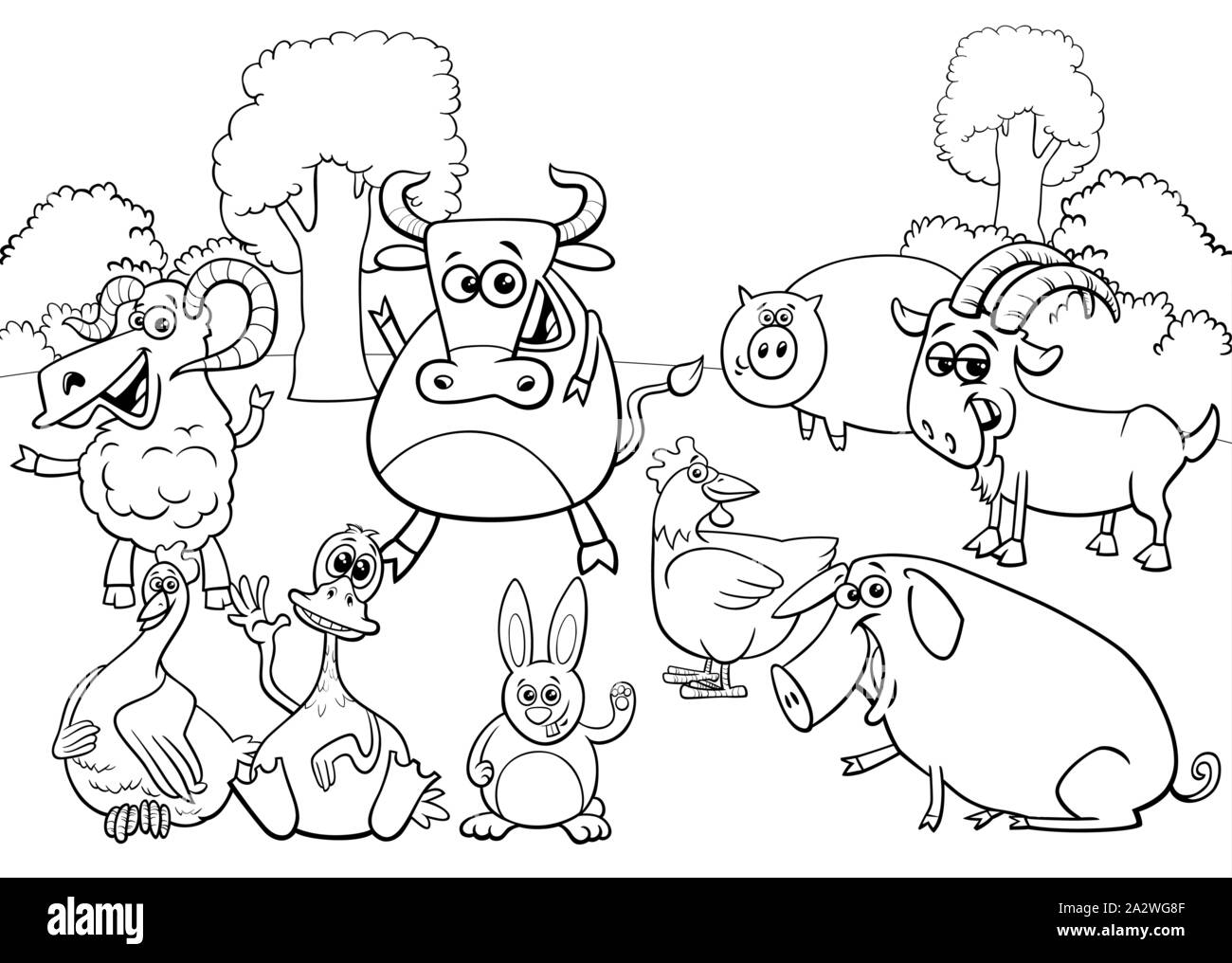 Illustration Cartoon noir et blanc des animaux rigolos de la ferme du groupe de personnages de bande dessinée Page à colorier Illustration de Vecteur