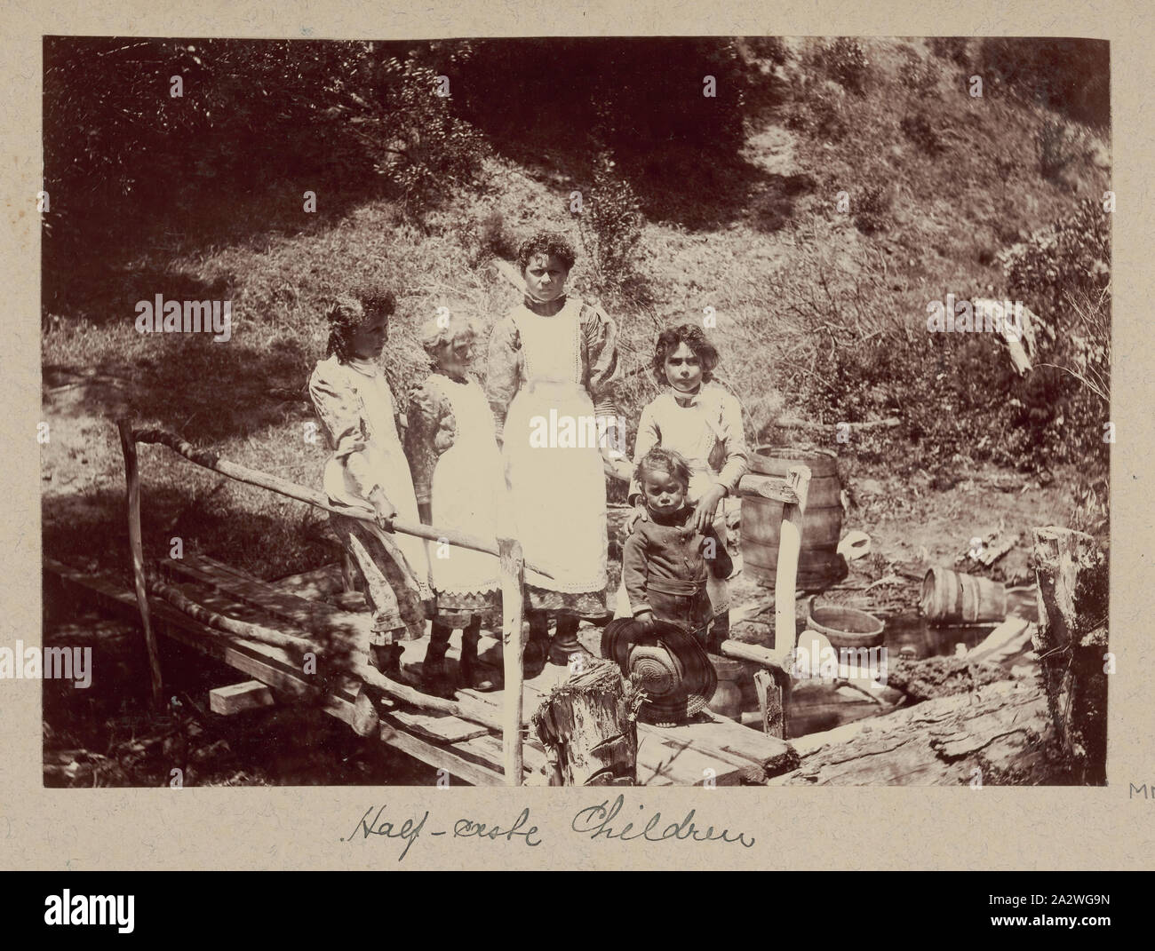 Photographie - les enfants autochtones, Groupe d'Îles Furneaux, 1893, cette image de cinq enfants autochtones debout sur un petit pont a été prise par un J Campbell lors d'un Field Naturalists' Club of Victoria de savants dans le groupe d'îles Furneaux, le détroit de Bass, en novembre1893. Il y a des seaux d'eau dans le ruisseau proche, de sorte que les enfants ne sont peut-être la collecte de l'eau. C'est l'un des soixante-neuf noir et blanc et photographies sépia dans un album relié Banque D'Images