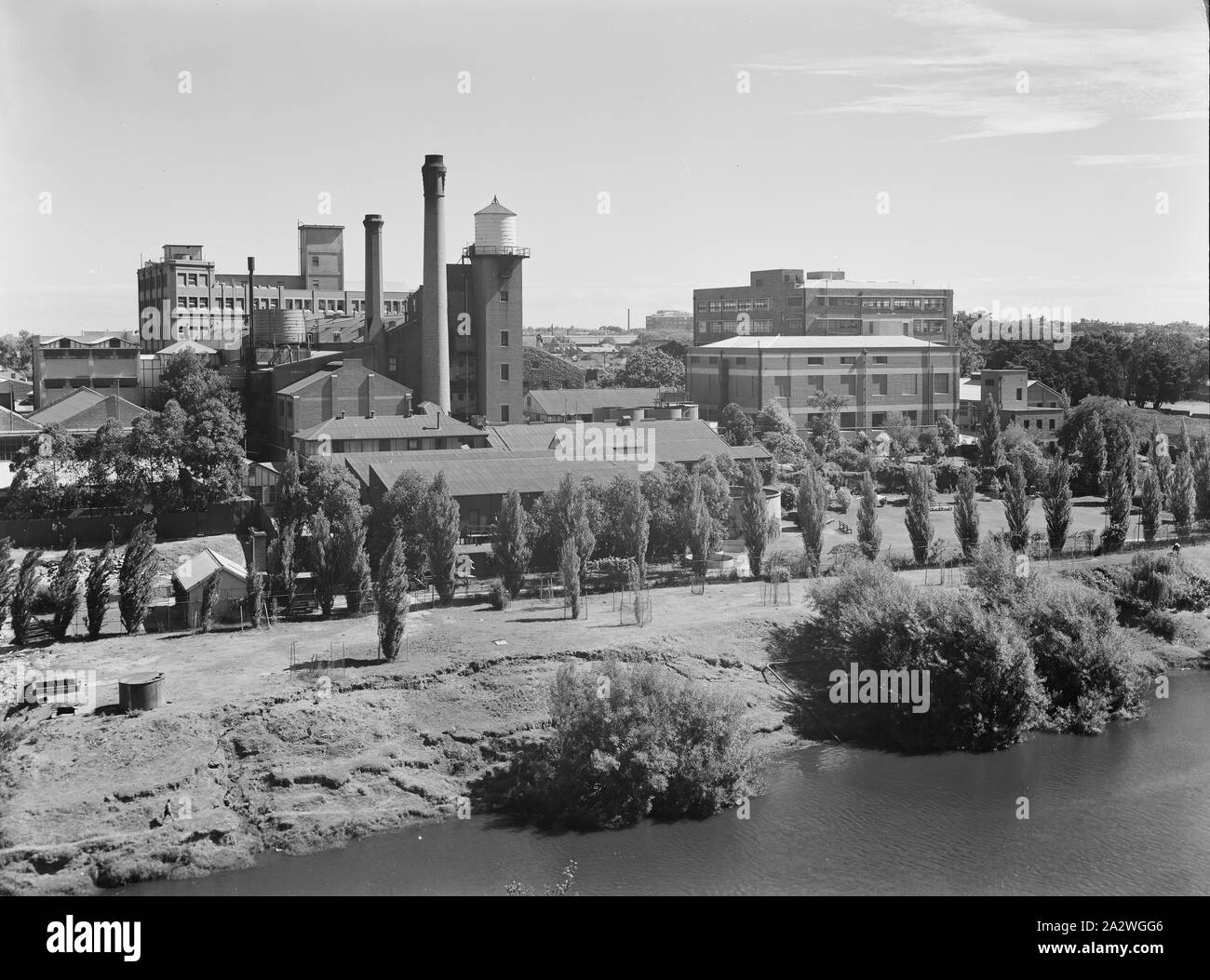 Négatif, l'usine d'Abbotsford à travers la rivière Yarra, vers les années 1940, film en noir et blanc négatif de l'usine Kodak Australasia Pty Ltd à Abbotsford, vue oblique de l'autre côté de la rivière Yarra. Cette image montre un petit réservoir d'eau en béton dans le premier plan à gauche, le long de la rivière. Au-delà que se trouve le complexe de bâtiments à plusieurs étages en usine avec des cheminées, et, à droite, l'usine de jardins avec coin et d'arbres. C'est l'un des 6 négatifs de cellulose Banque D'Images