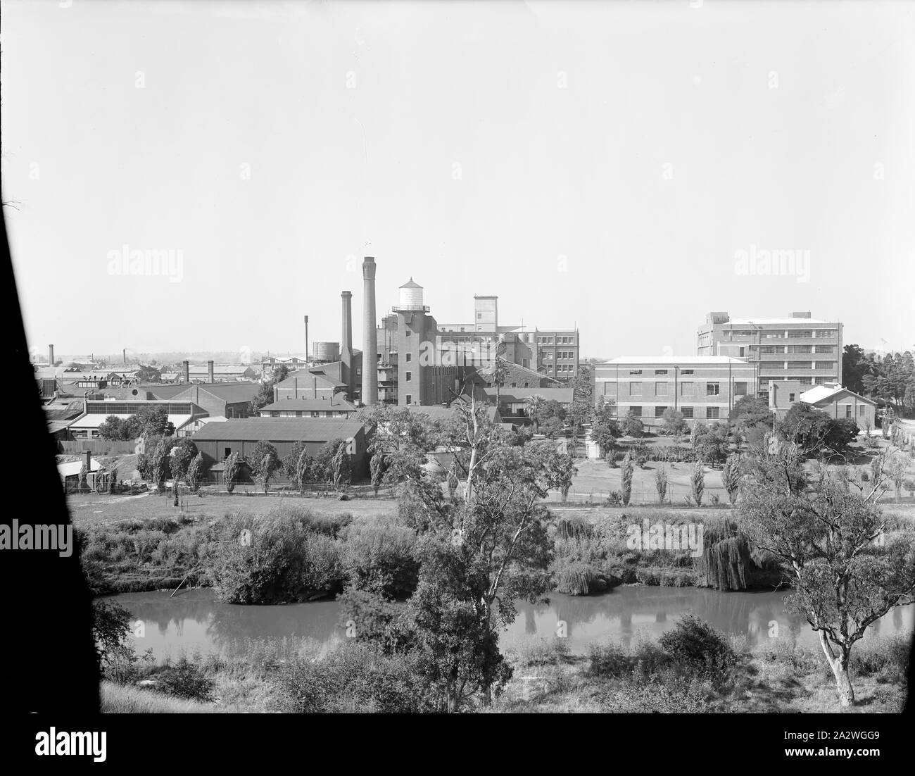 Négatif sur verre, l'usine d'Abbotsford à travers la rivière Yarra, vers les années 1940, en noir et blanc, Négatif sur plaque de verre de l'usine Kodak Australasia Pty Ltd à Abbotsford, vue oblique de l'autre côté de la rivière Yarra, y compris les rives et les arbres en premier plan. collection de produits, de matériel publicitaire, photographies et objets de la vie active, lorsque l'usine de fabrication de Melbourne à Coburg Banque D'Images