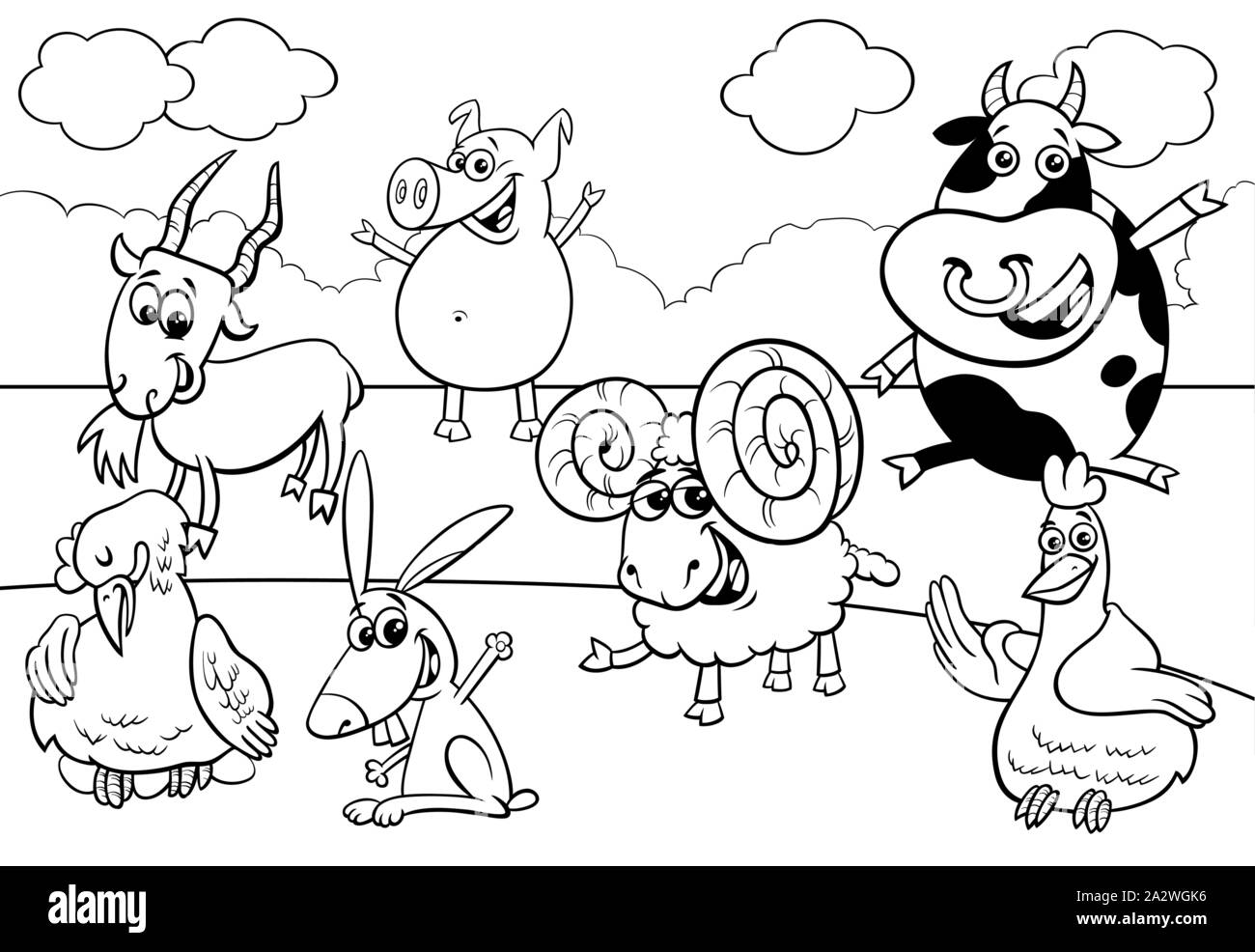 Illustration Cartoon noir et blanc de personnages de bande dessinée heureux les animaux de ferme à colorier La Page de groupe Illustration de Vecteur