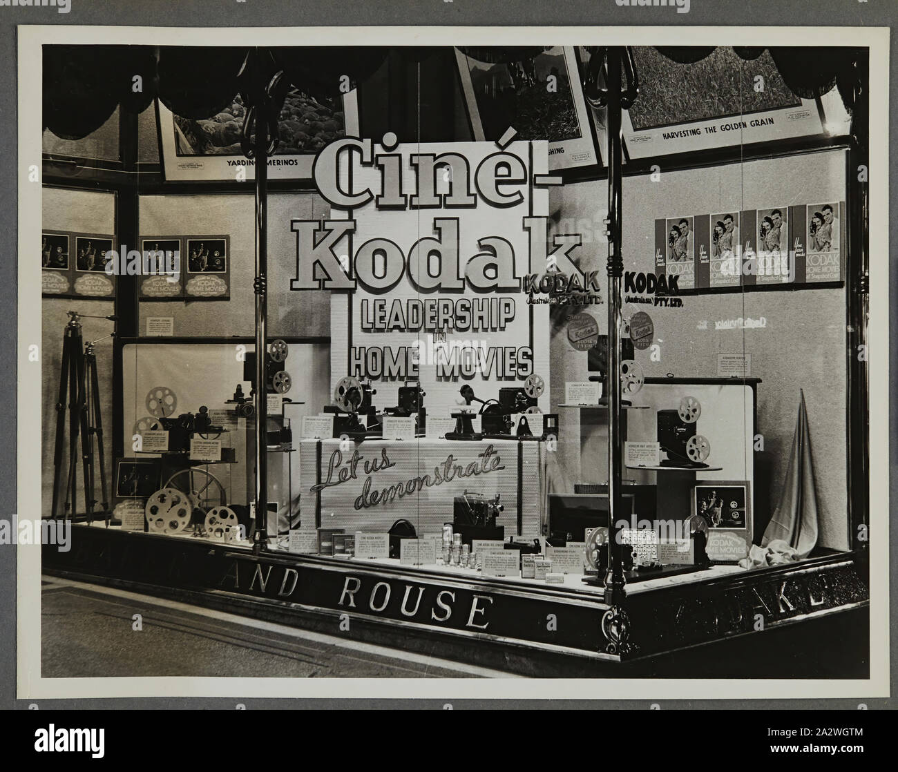 Photographie - Kodak, des passants, l'affichage 'Cine-Kodak, Leadership dans les films à la maison', vers 1934-1936, des passants afficher 'Cine-Kodak, Leadership dans les films à la maison" montrant des caméras, des photographies, des accessoires et de l'équipement photographique. L'une des cinquante-six photographies dans un album illustrant Australasia Pty Ltd Kodak shop/fenêtre affiche depuis le milieu des années 1930. En général Windows produits en vedette promotions pour film ou des appareils photo, ainsi que des expositions de photos pour attirer les foules au magasin. Expositions Banque D'Images