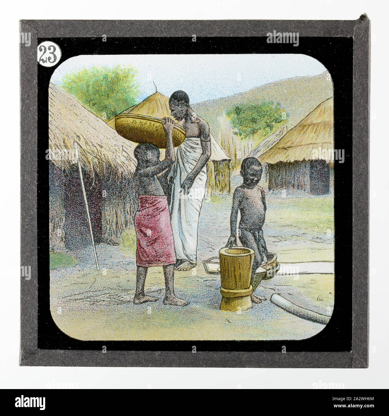 Diapositive - vie du village africain, de vie et de travail du Dr David Livingstone, vers 1900, diapositive illustrant la vie dans un village africain. Elle fait partie d'un ensemble incomplet de 40 diapositives, deux sont manquants, illustrant les faits marquants de la vie de Livingstone et de voyages. Ces diapositives ont été fabriqués par la London Stereoscopic & Photographic Company pour la Société Missionnaire de Londres, vers 1900. Le Dr David Livingstone (1813-1873) a passé trente ans en Afrique comme missionnaire et explorateur Banque D'Images